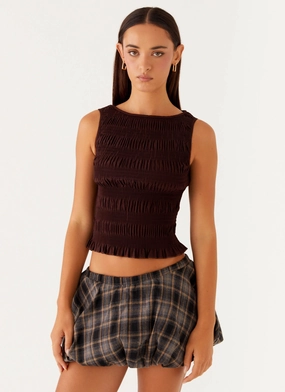 StretchFiberBlend Garden Kisses Shirred Top - Brown Garden Kisses Shirred Top - Brown GarmentWashed Softness Reflective details