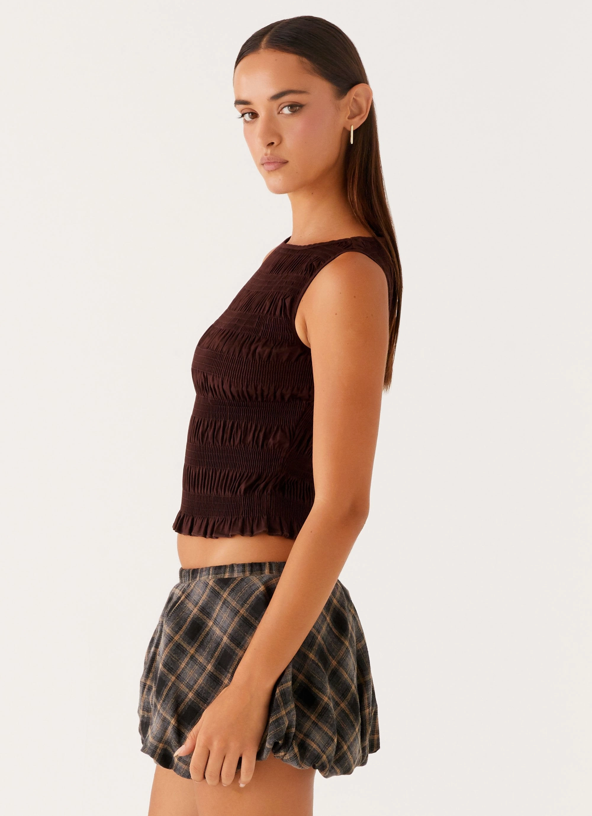 Garden Kisses Shirred Top - Brown Quick Dry Performance Casual Wear