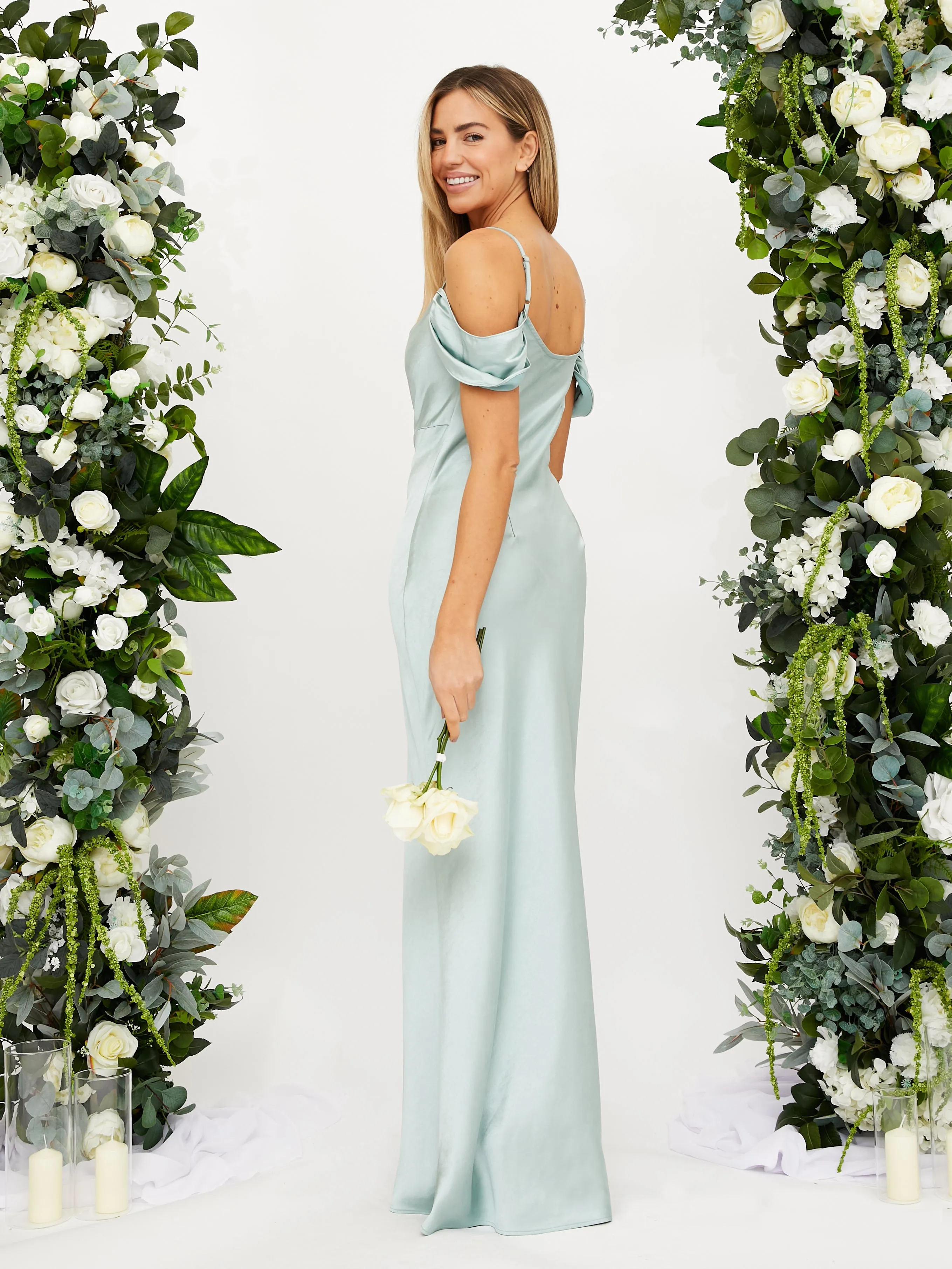 Cowl Neck Maxi Satin Dress / Sage Fashionable Fit Soft fabric piece