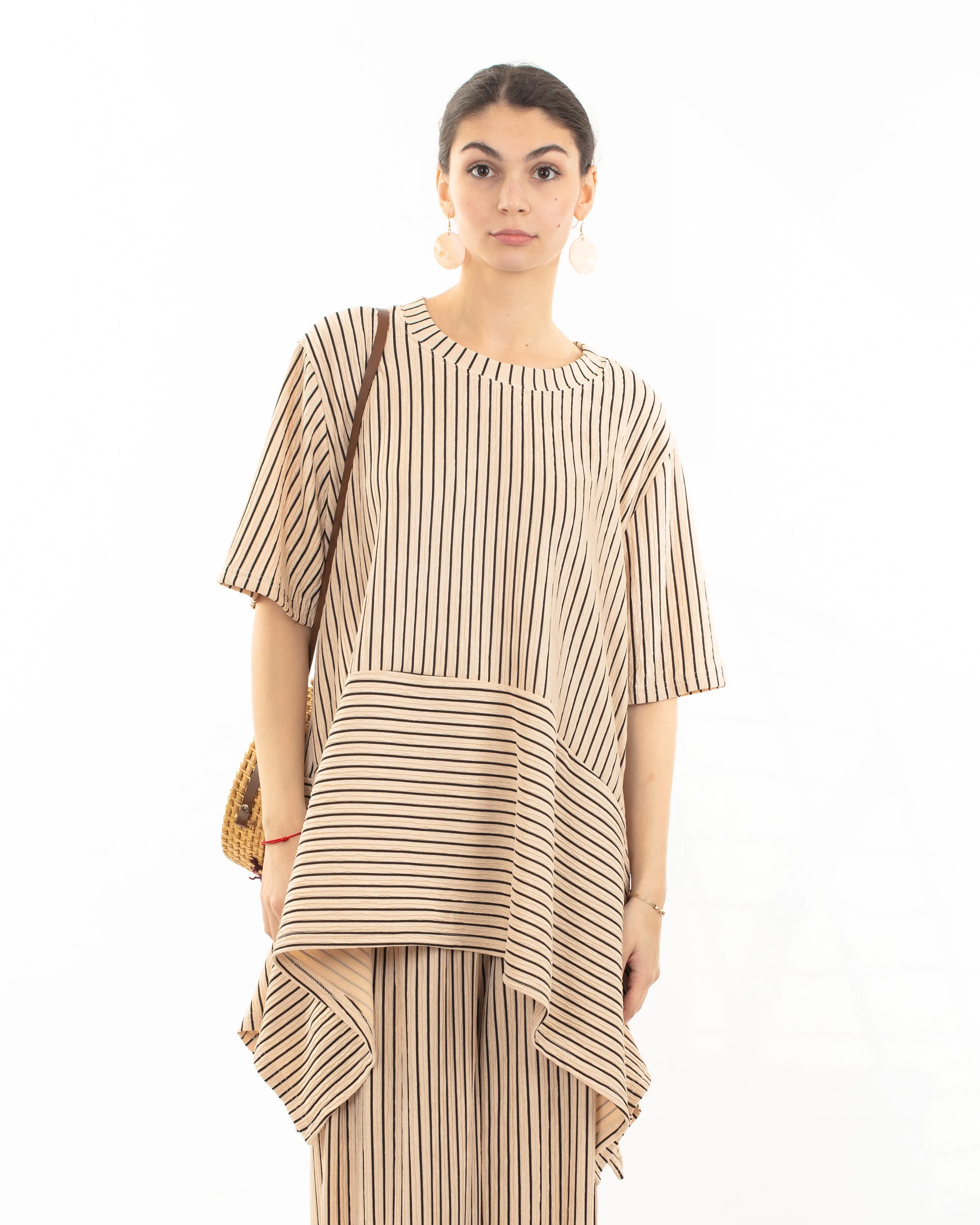 Strip print stretch-jersey top and Relaxed-fit trousers in beige