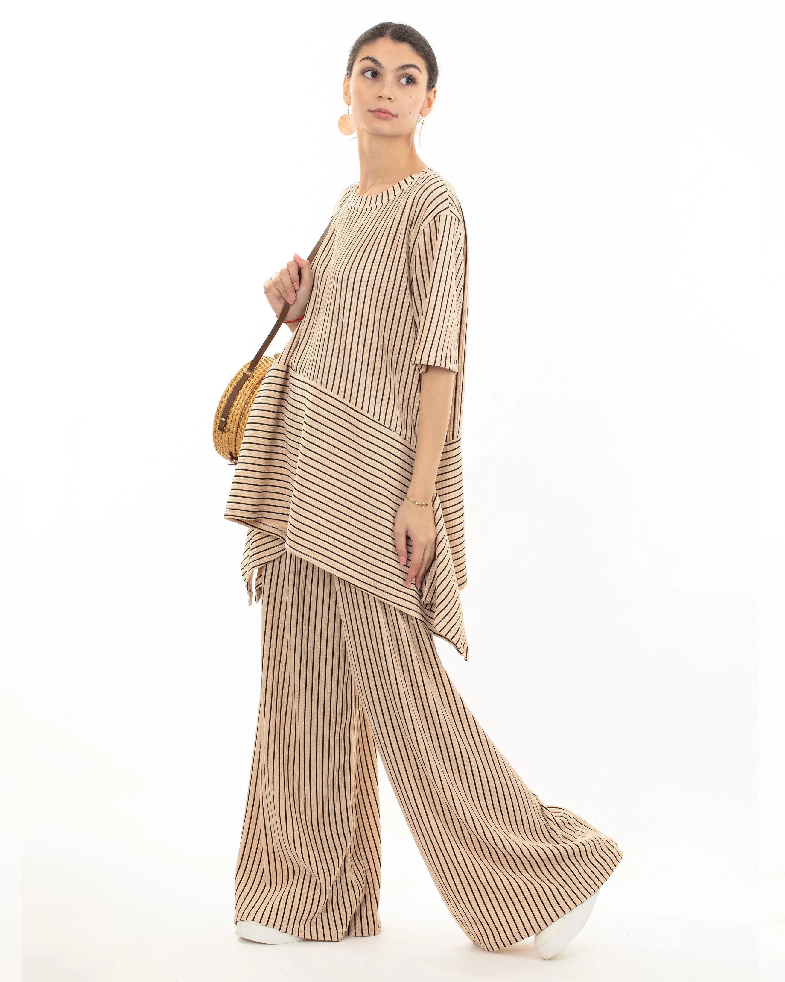 Strip print stretch-jersey top and Relaxed-fit trousers in beige