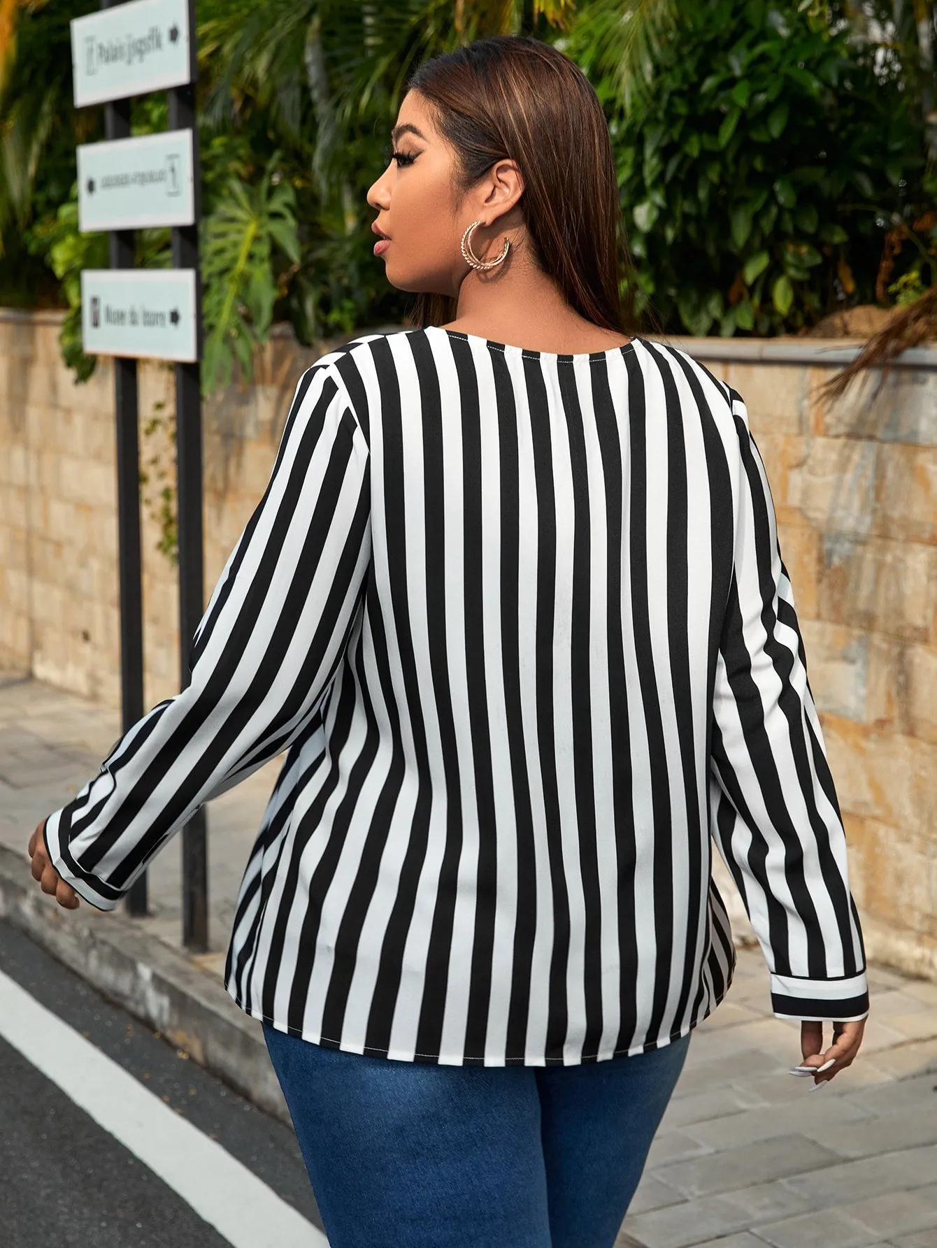 Striped Button Front Long Sleeve V Neck Long Plus Size Blouse