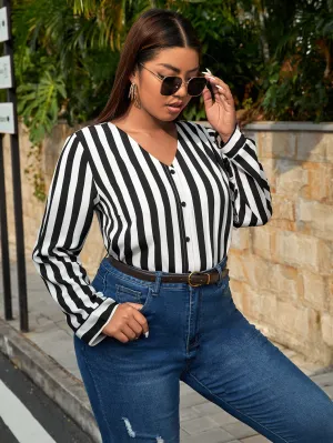 Striped Button Front Long Sleeve V Neck Long Plus Size Blouse