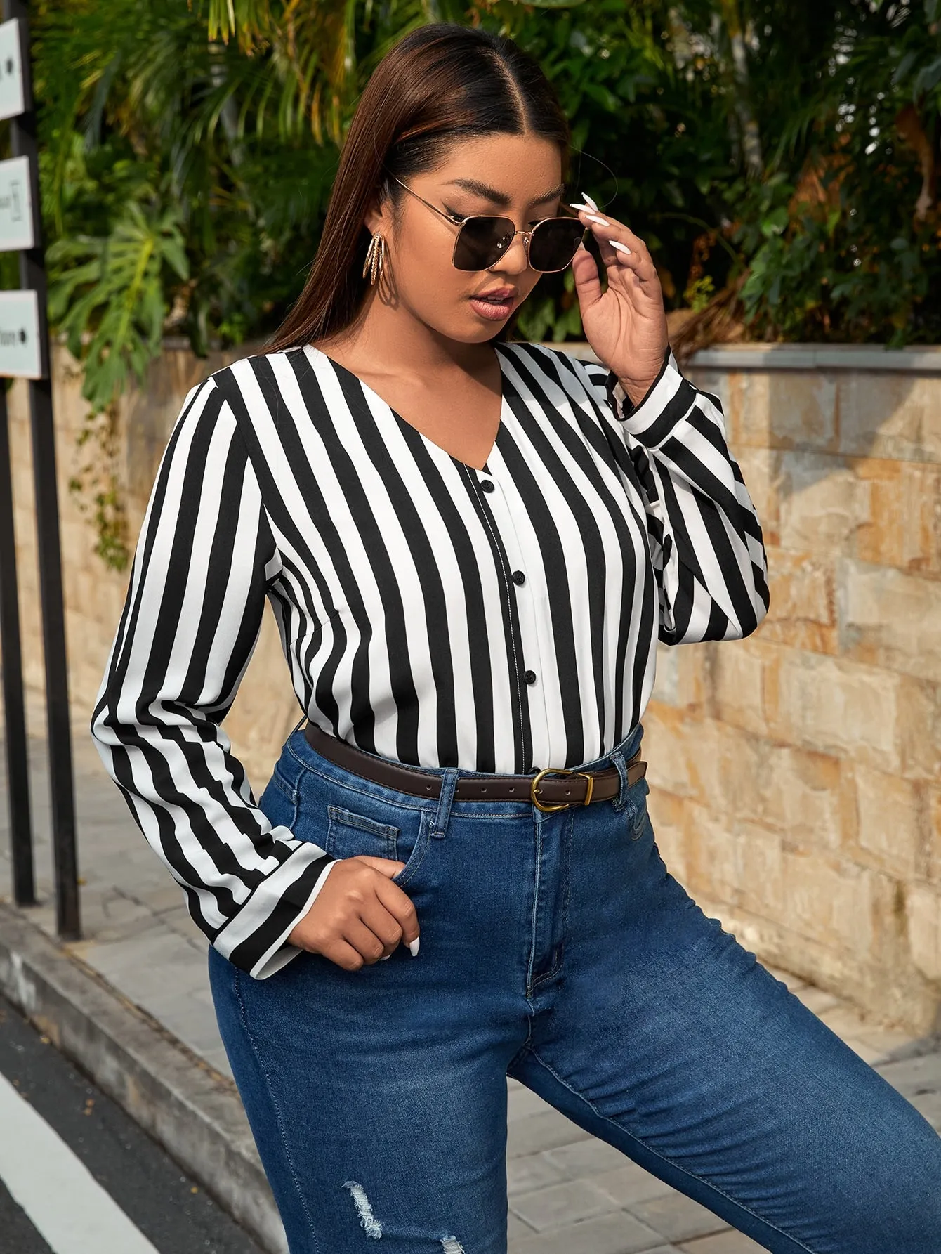 Striped Button Front Long Sleeve V Neck Long Plus Size Blouse