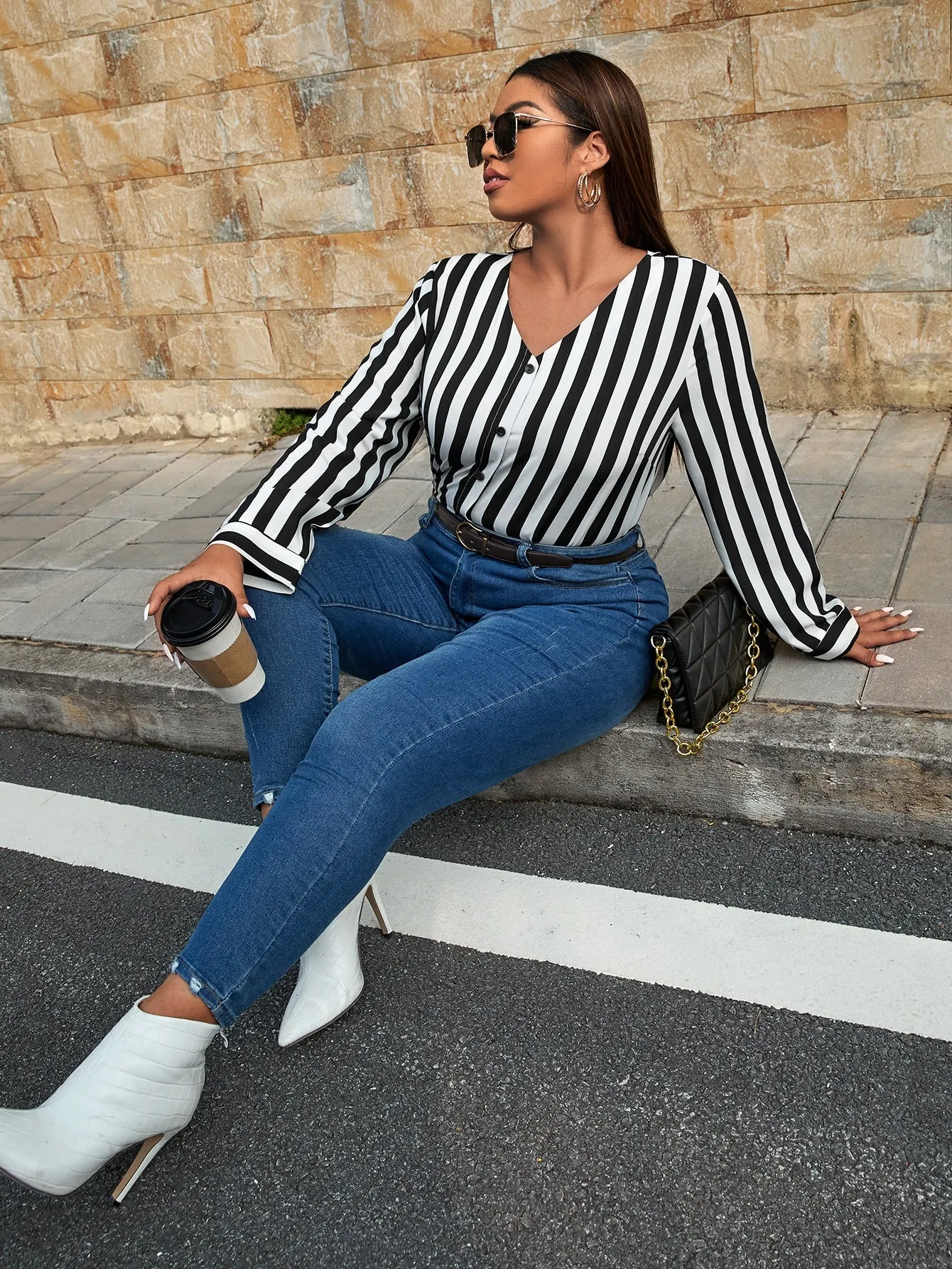 Striped Button Front Long Sleeve V Neck Long Plus Size Blouse