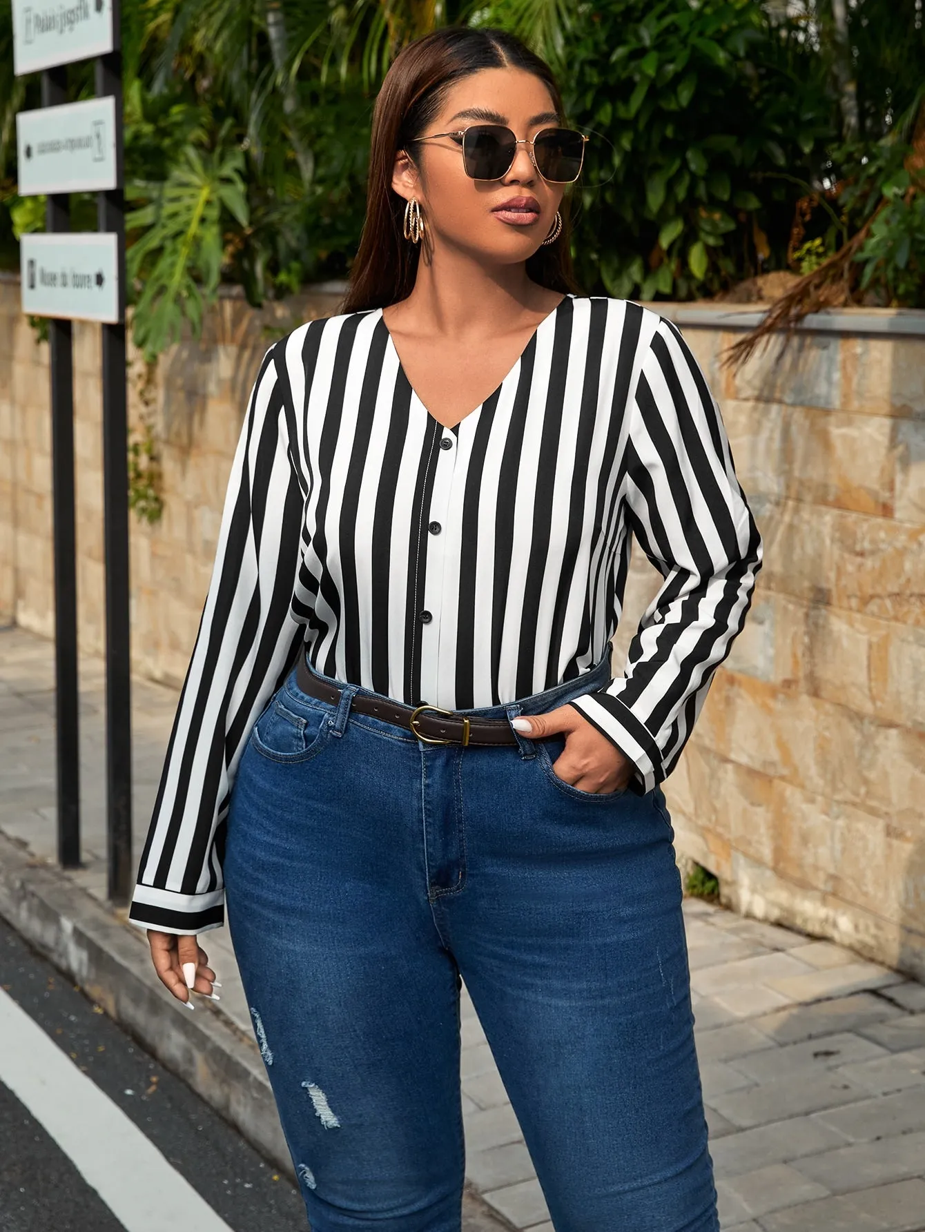 Striped Button Front Long Sleeve V Neck Long Plus Size Blouse