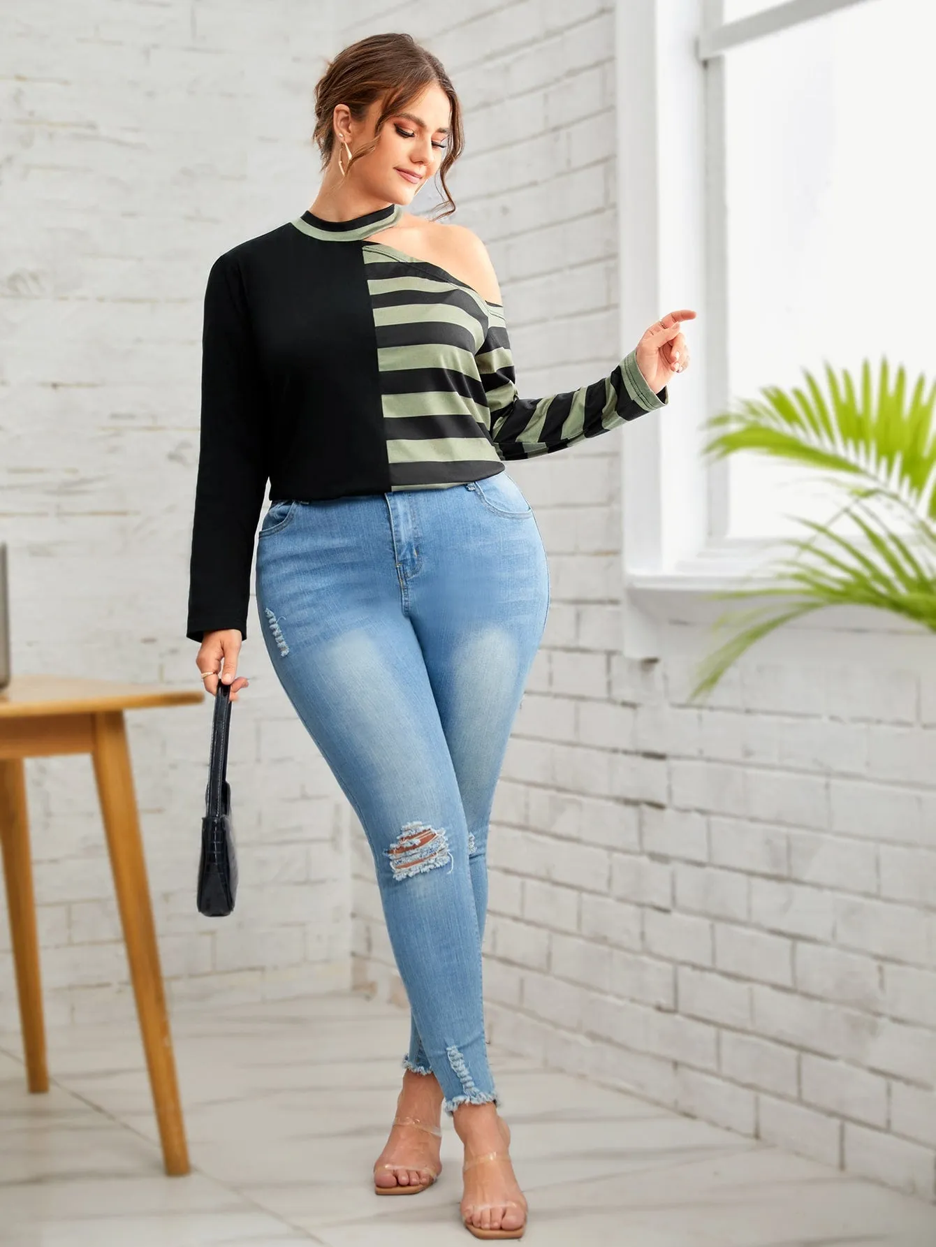 Striped Cut Out Long Sleeve Asymmetrical Neck Regular Plus Size T-Shirt