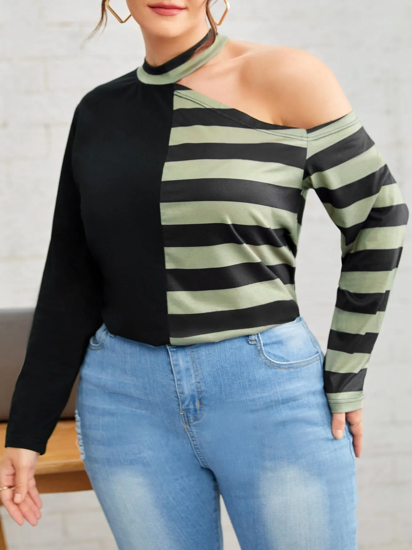 Striped Cut Out Long Sleeve Asymmetrical Neck Regular Plus Size T-Shirt