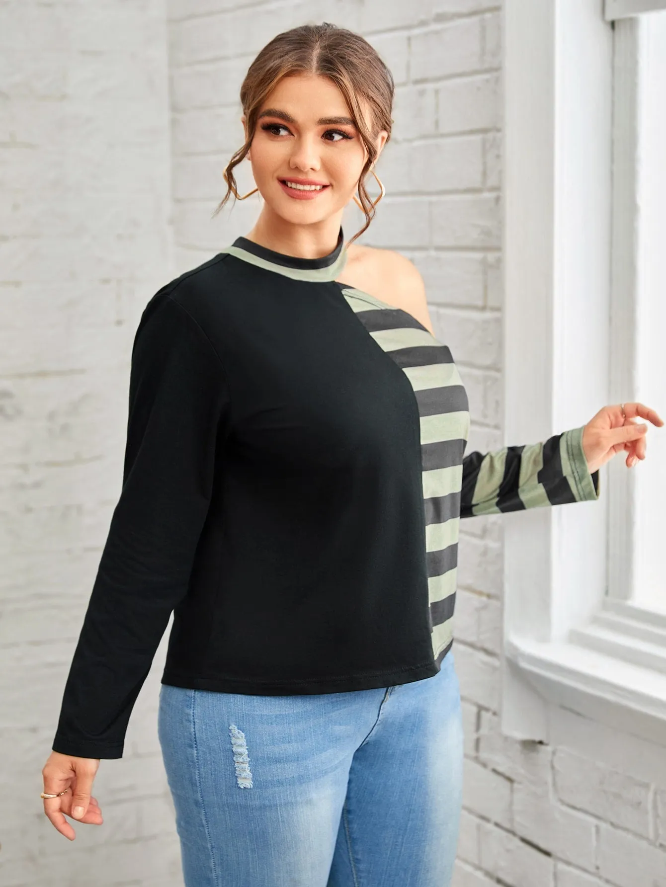 Striped Cut Out Long Sleeve Asymmetrical Neck Regular Plus Size T-Shirt