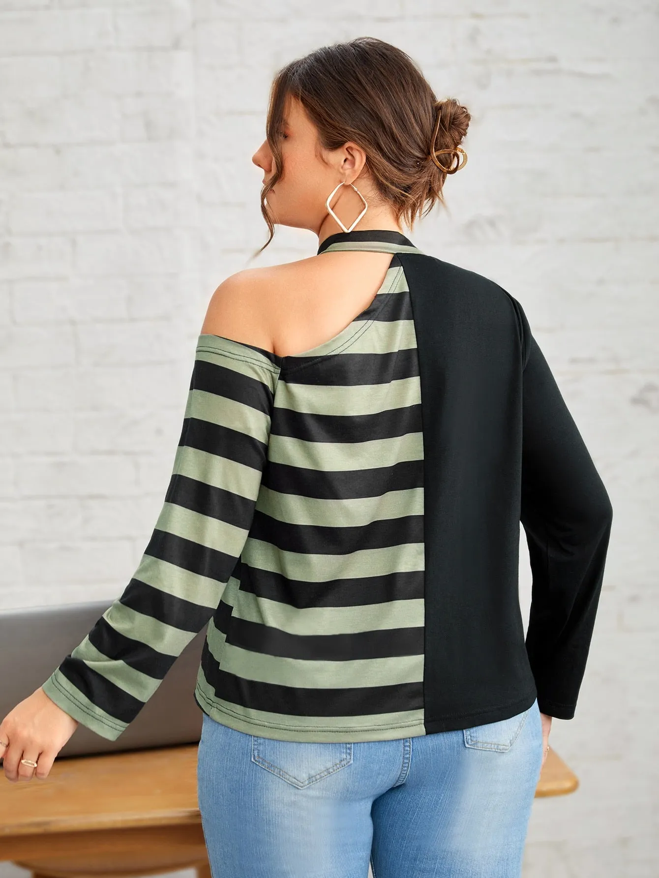 Striped Cut Out Long Sleeve Asymmetrical Neck Regular Plus Size T-Shirt
