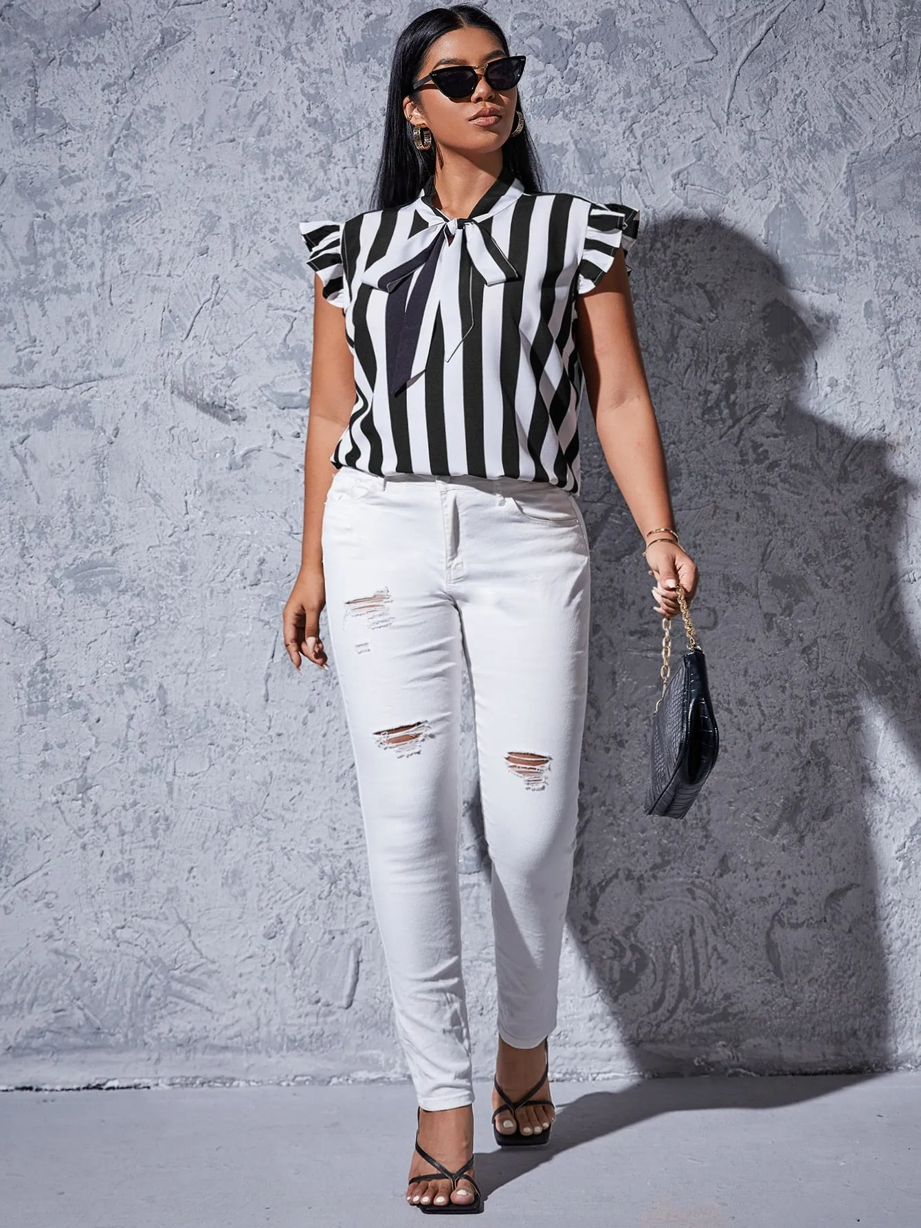 Striped Ruffle Cap Sleeve Tie Neck Regular Plus Size Blouse