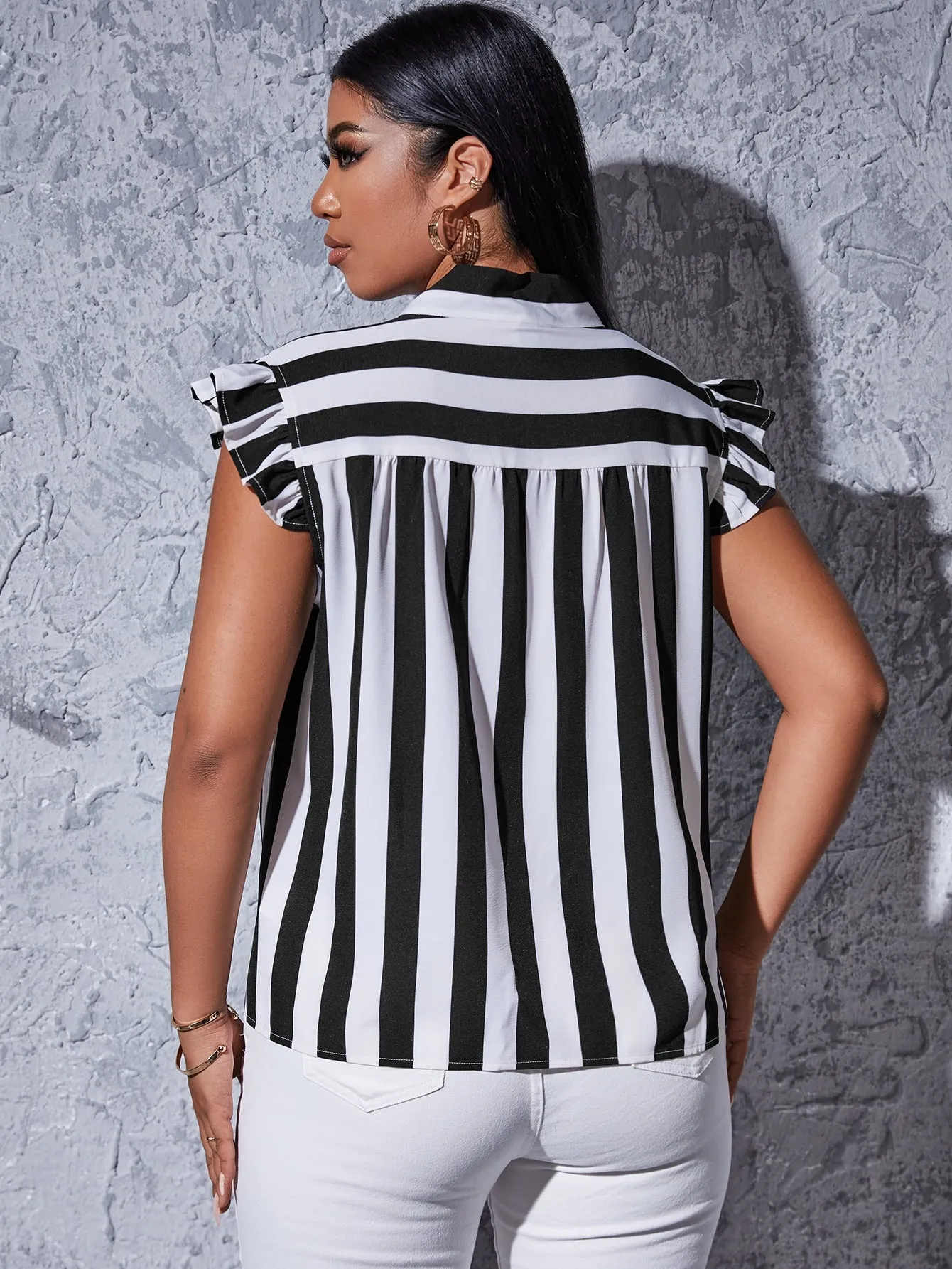 Striped Ruffle Cap Sleeve Tie Neck Regular Plus Size Blouse