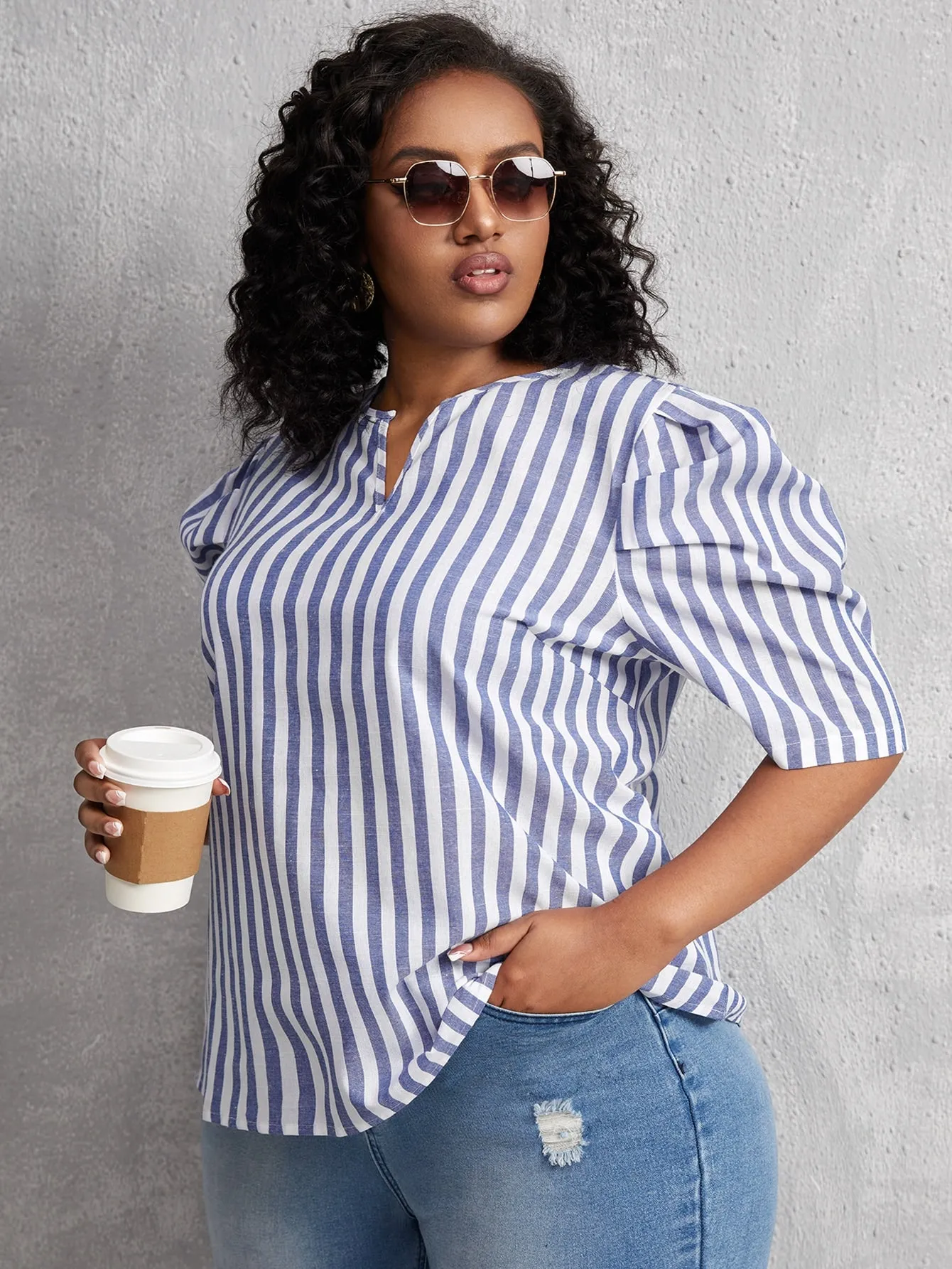 Striped Short Sleeve Notched Regular Plus Size Blouse