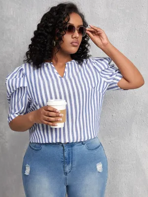 Striped Short Sleeve Notched Regular Plus Size Blouse