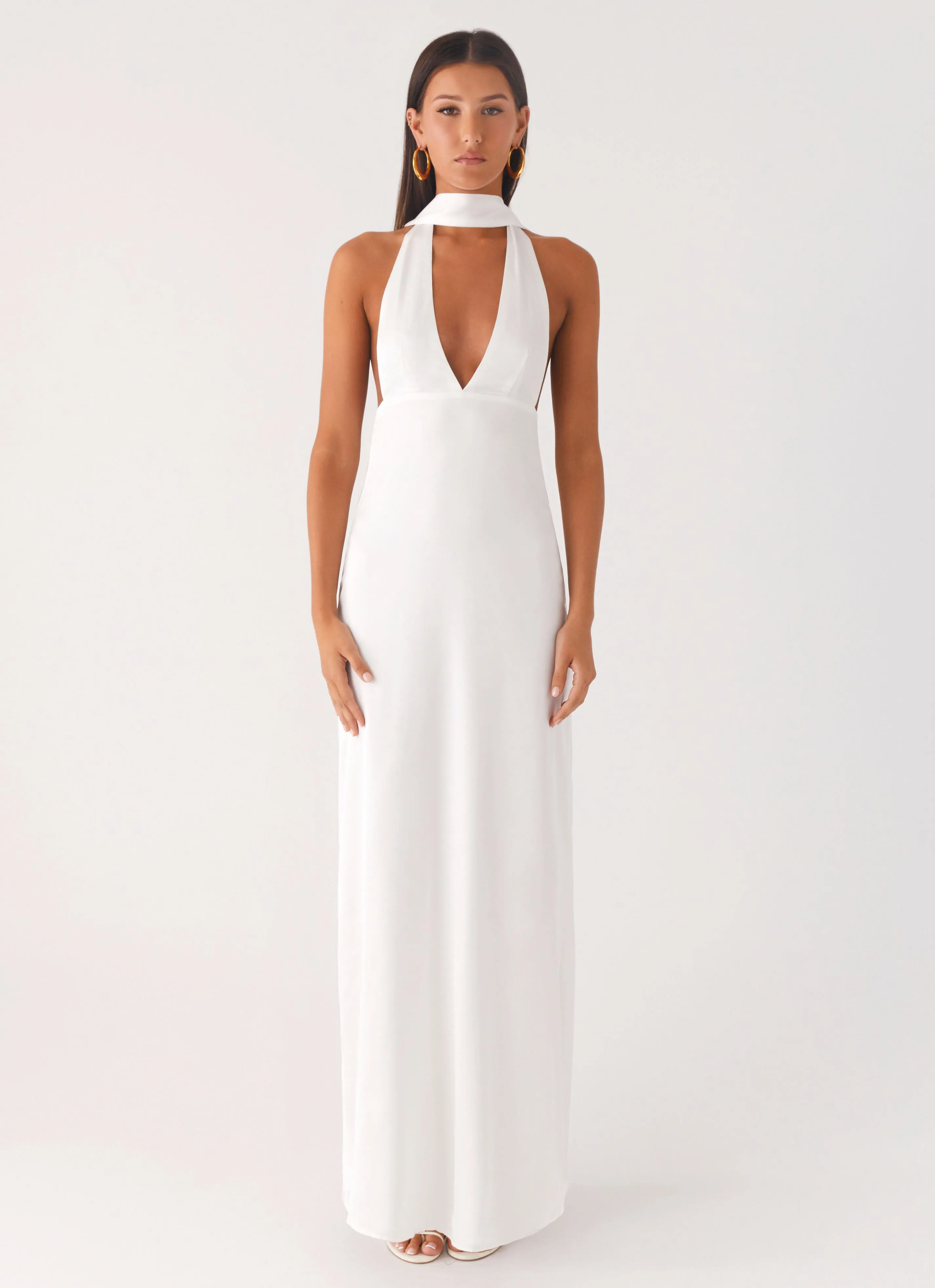 Alicia Satin Halter Maxi Dress - White Geometric Shape Sustainable Weave