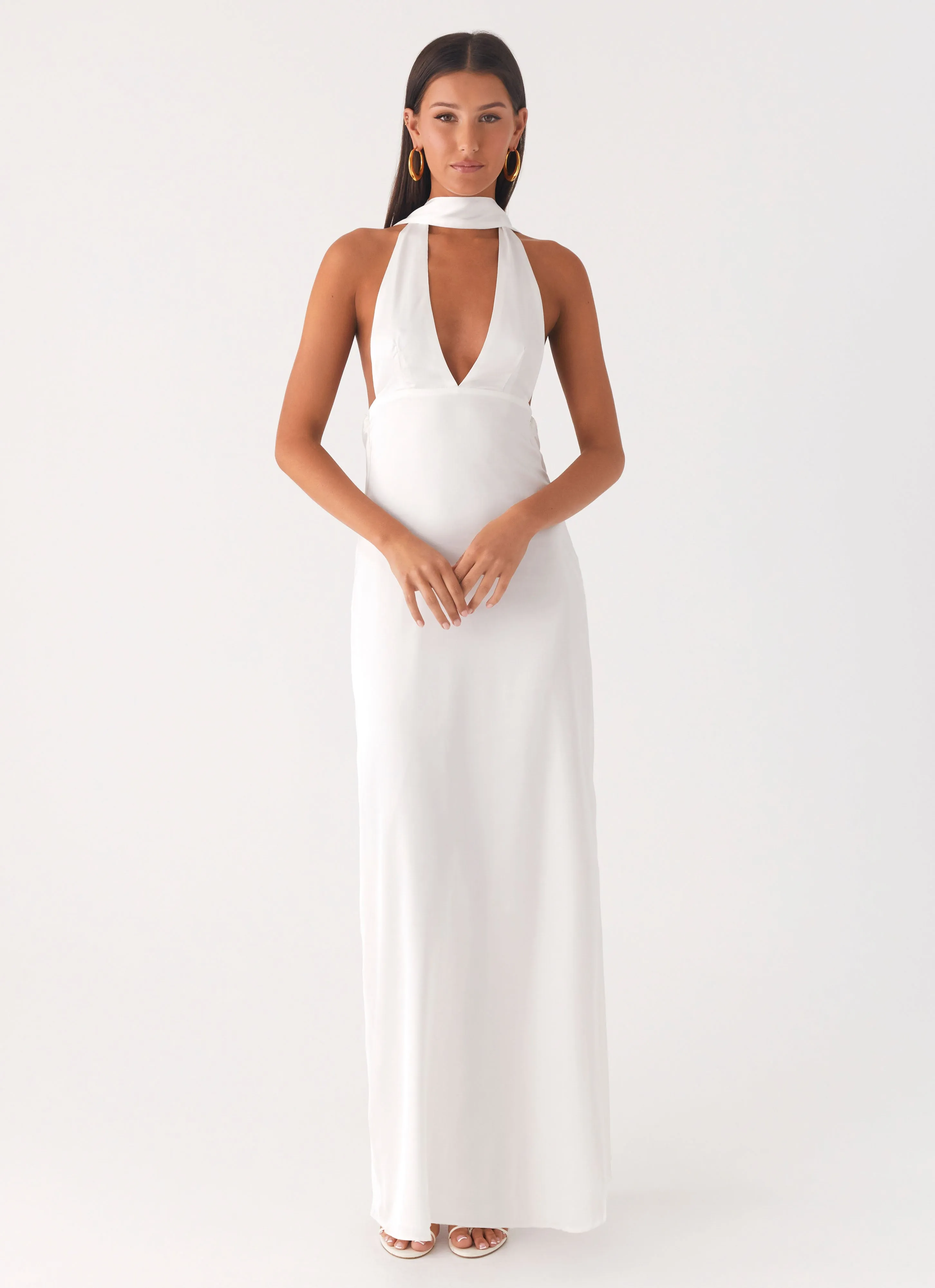 Animal Print Laser Cut Edge Detail Alicia Satin Halter Maxi Dress - White