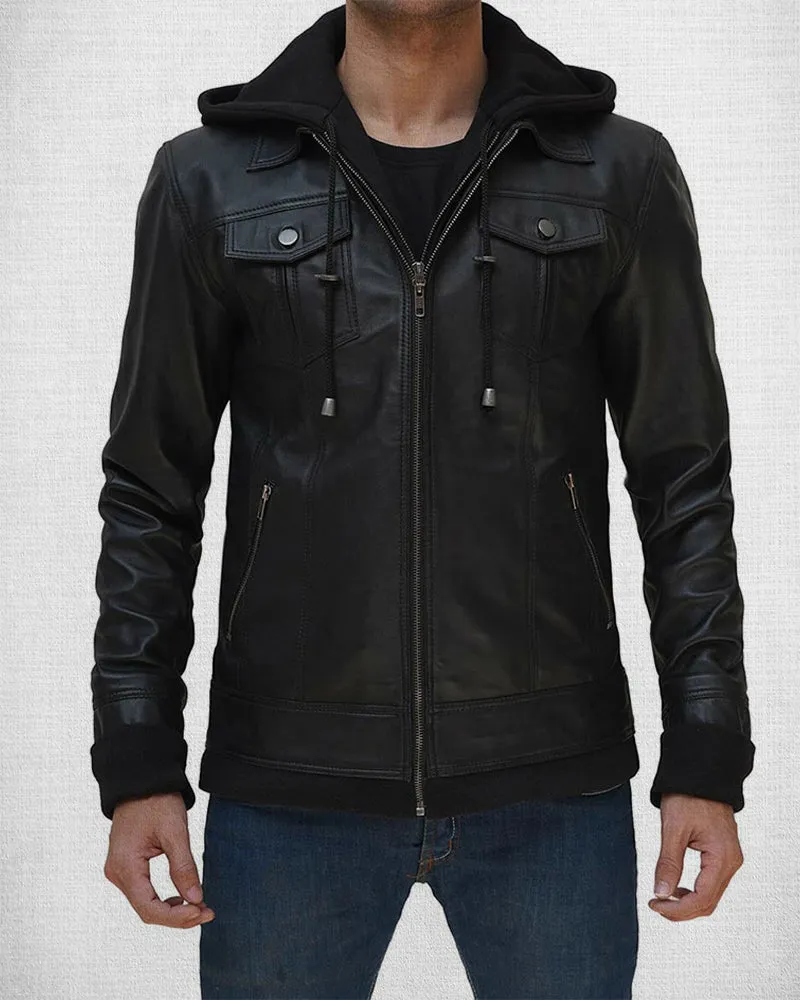 Stylish Black Leather Bomber Jacket with Removable Hood