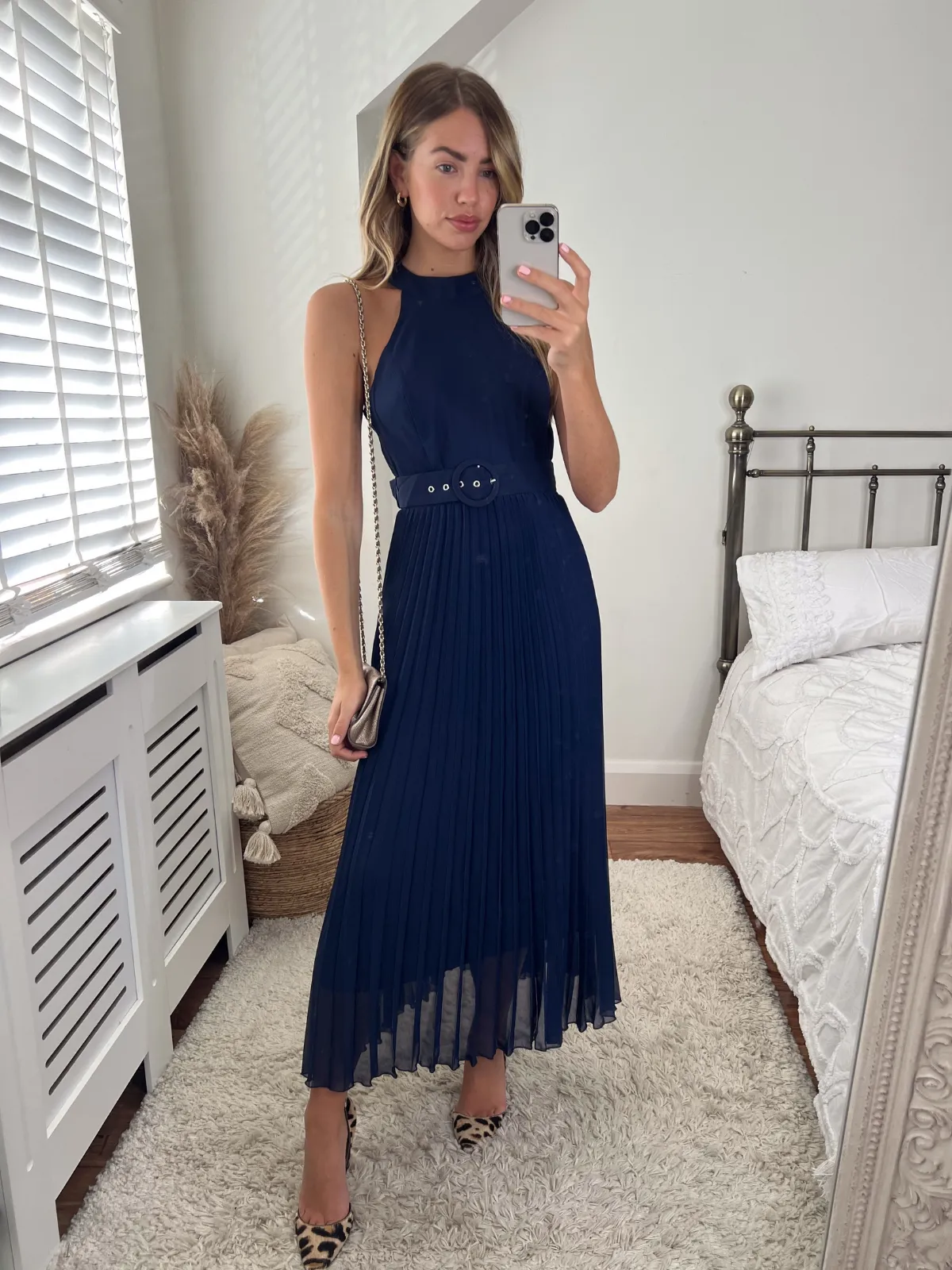Luisa Belted Pleated Maxi Dress / Navy Refined Feel Sleek Drape