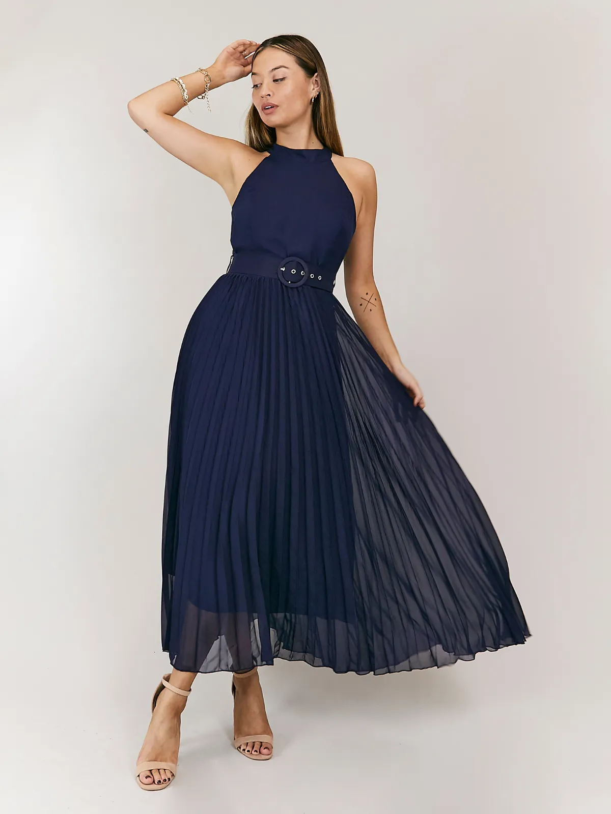 Luisa Belted Pleated Maxi Dress / Navy WideCollarDesign
