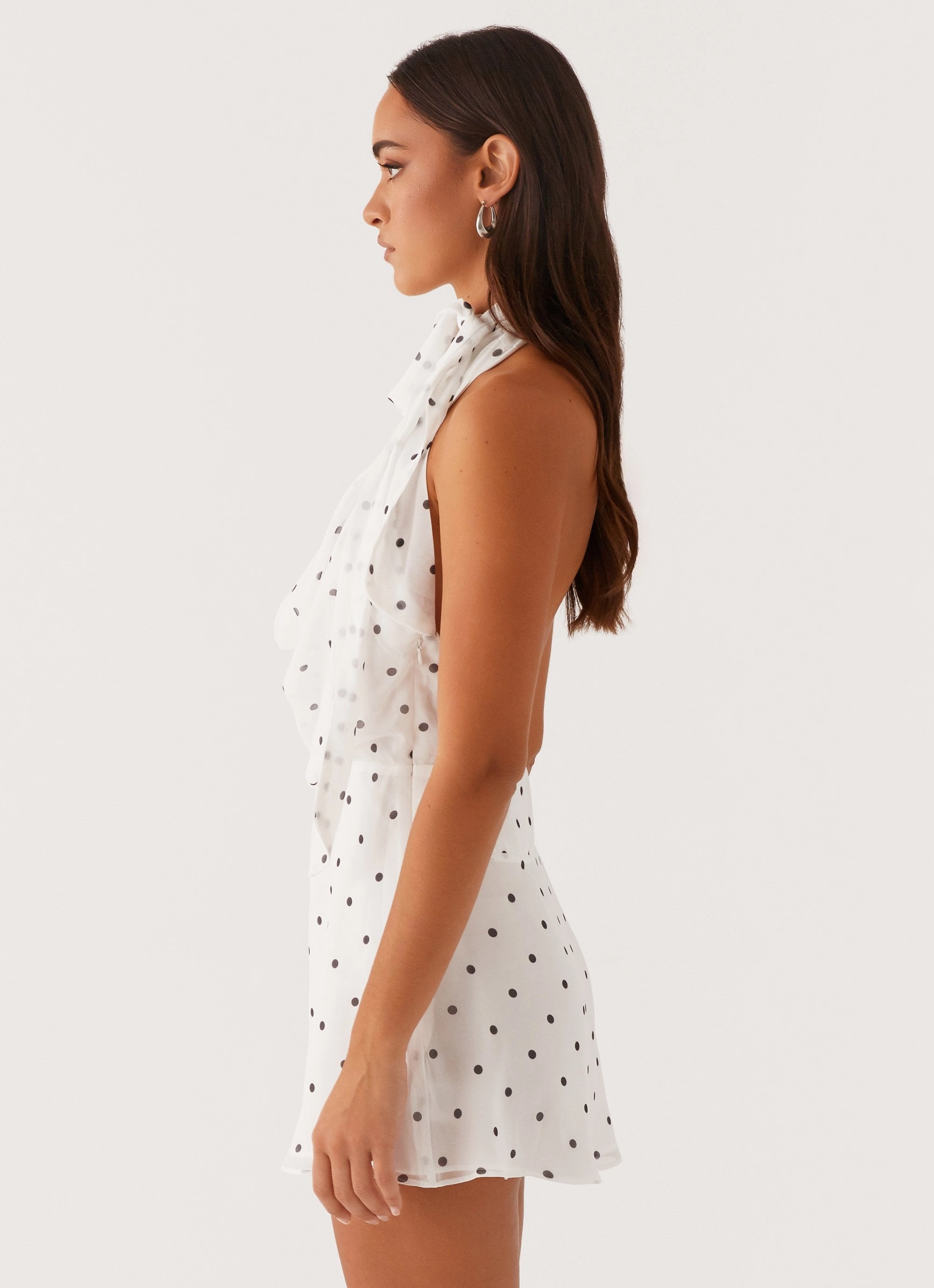 Form Fit Cap-Sleeve Avalia Backless Scarf Mini Dress - White Polka Dot