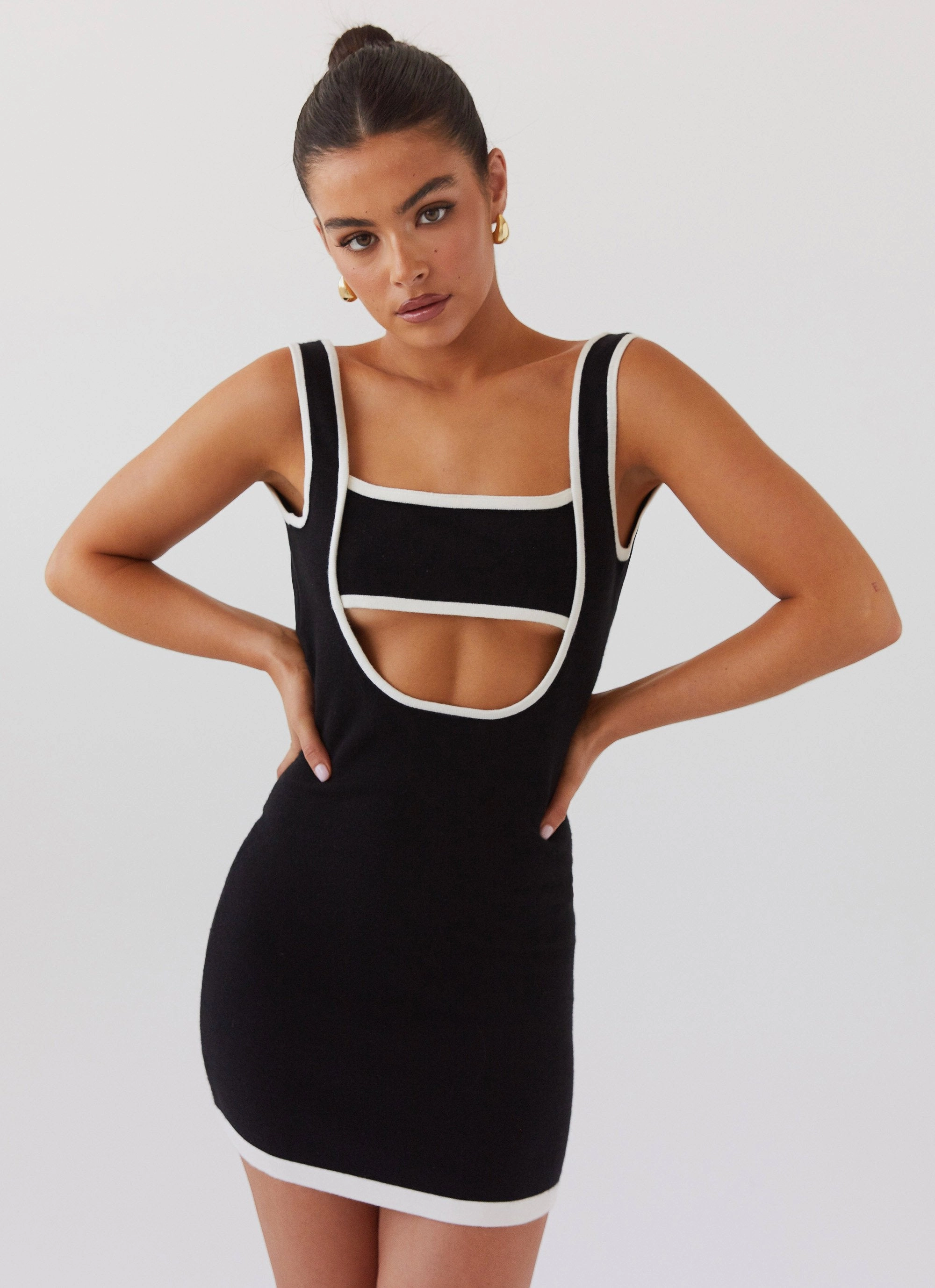 Lost In Paris Knit Mini Dress - Black Modern Waistband Trendy Tailoring