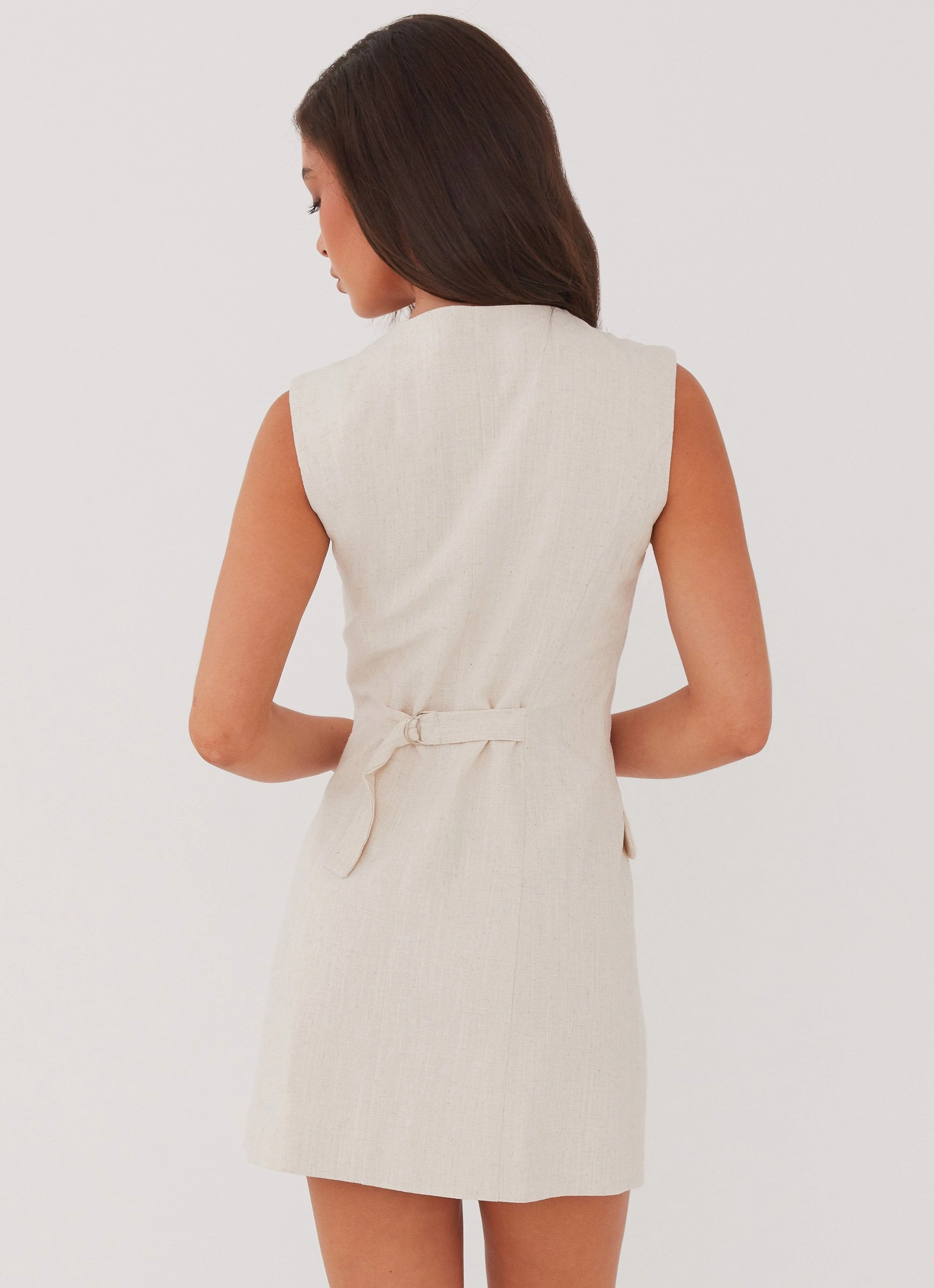 Flexible Waist Castello Fiore Linen Mini Dress - Oatmeal