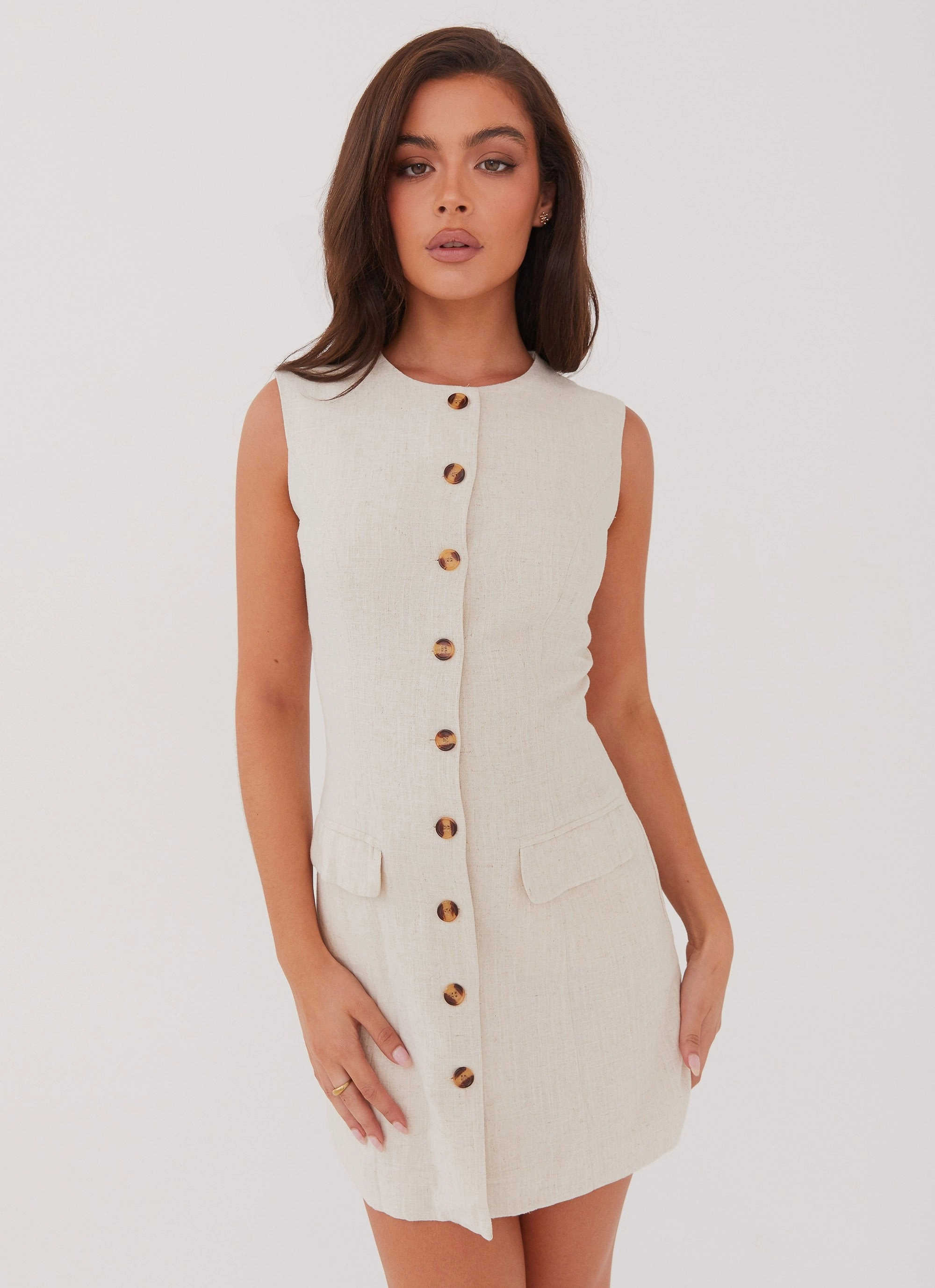 City Style Castello Fiore Linen Mini Dress - Oatmeal