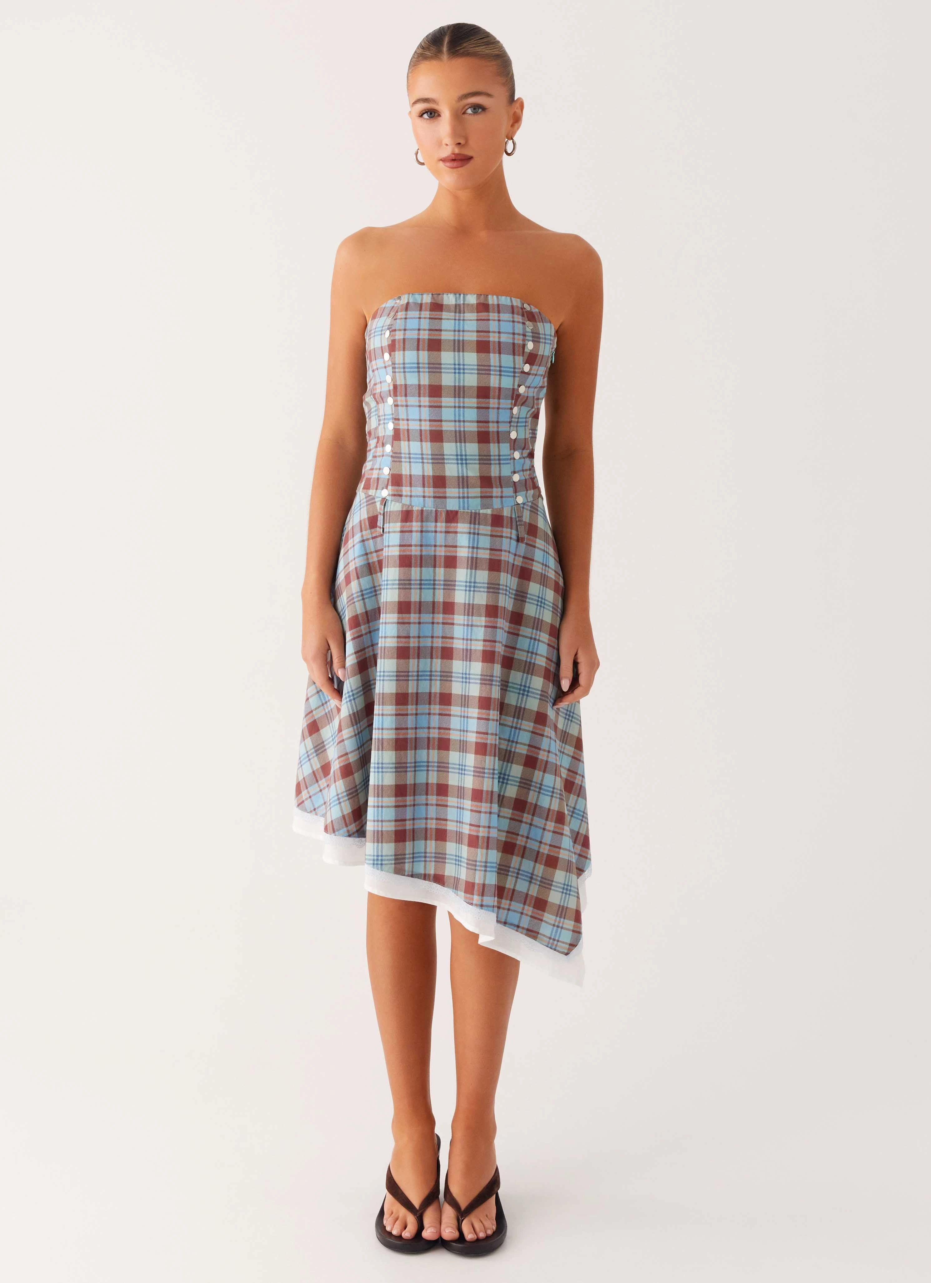 Perfectly Tailored Tonie Strapless Midi Dress - Shoreline Check