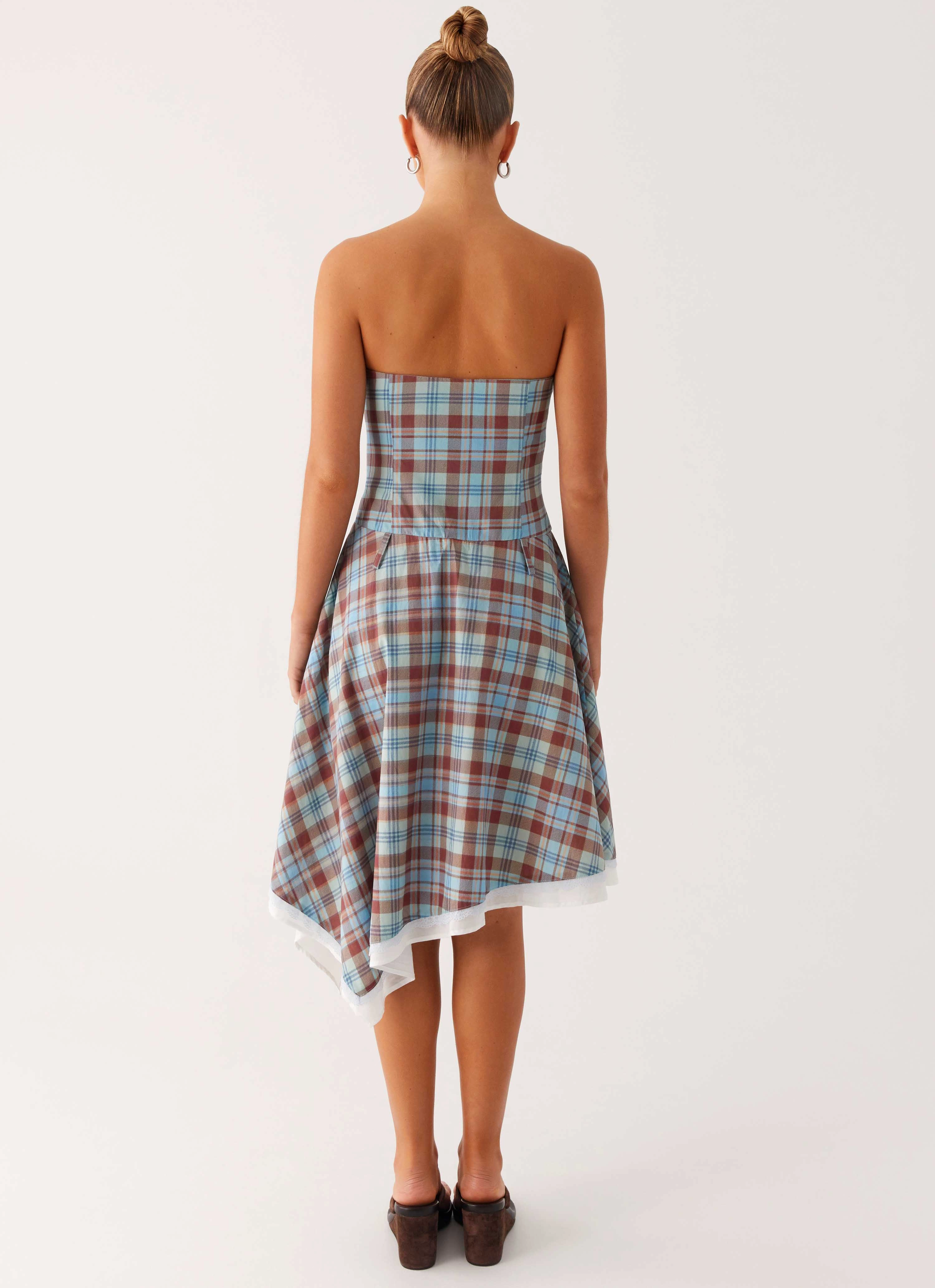 Tonie Strapless Midi Dress - Shoreline Check MultiPurposePockets Bloom Zone