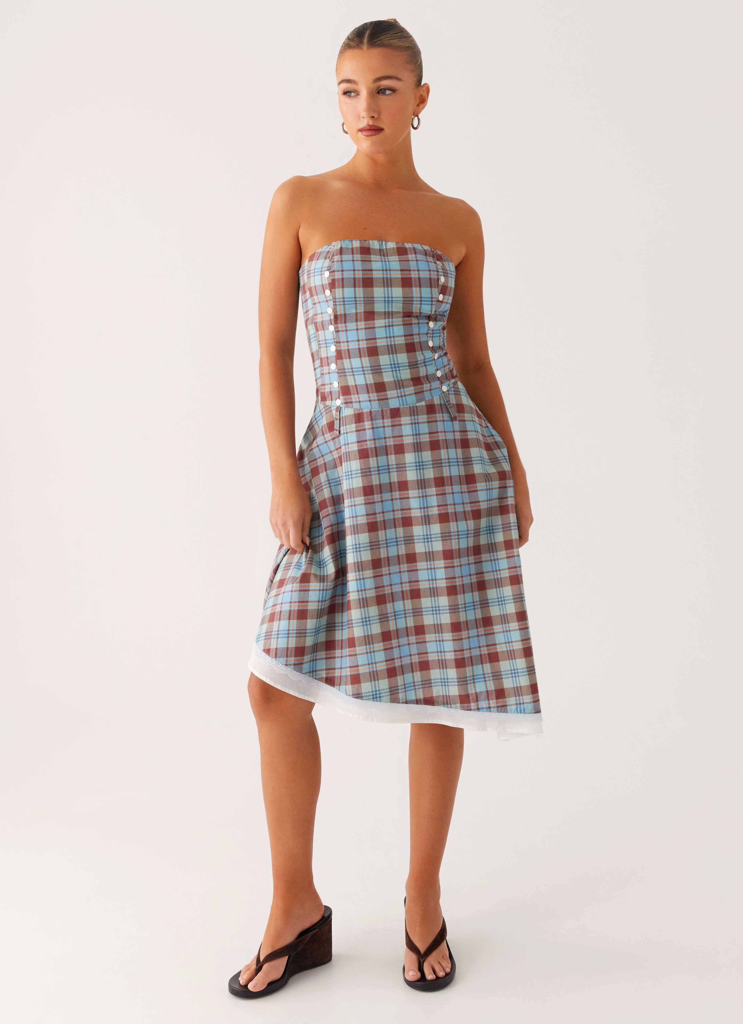Tonie Strapless Midi Dress - Shoreline Check Anytime Fit Monochrome Mood