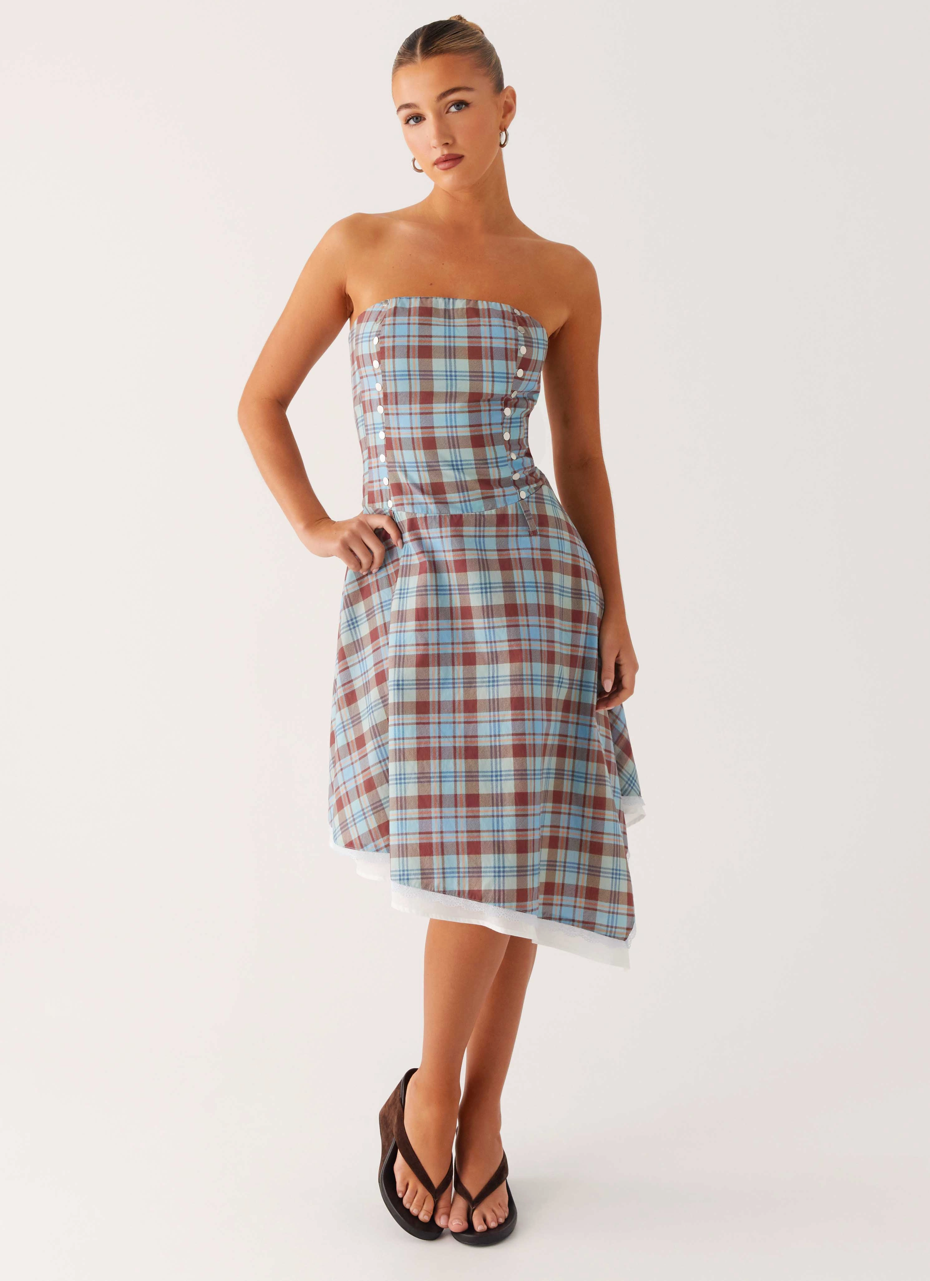 Trendy Vibes Tonie Strapless Midi Dress - Shoreline Check