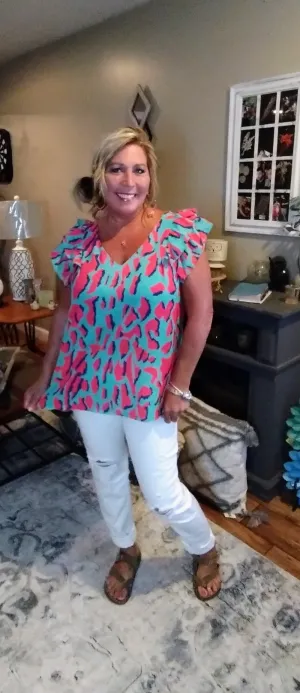 Summer Breeze Abstract Print V-Neck Top with Double Layer Ruffle Sleeves