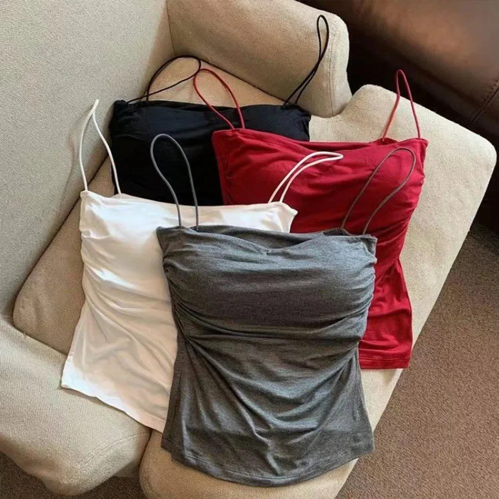 Summer Camisoles Tank Tops Women With Built In Bra Sleeveless Casual Cropped Solid Color Tees