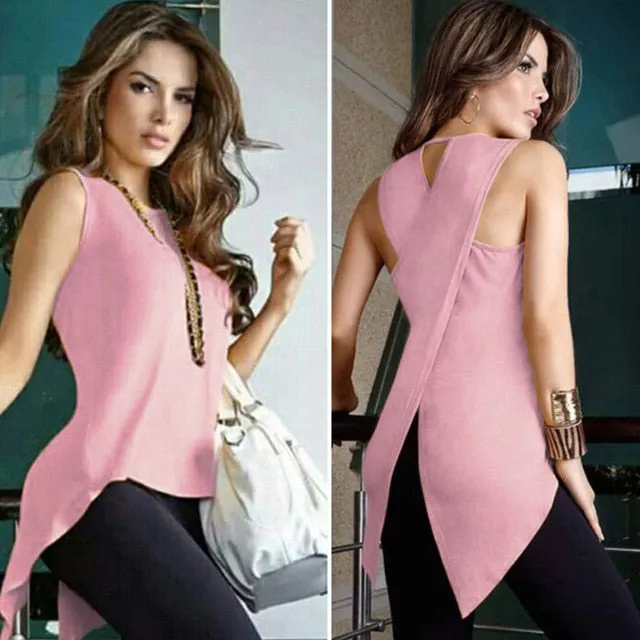 Summer Casual Ladies' Sleeveless O-neck Slim Chiffon Blouses