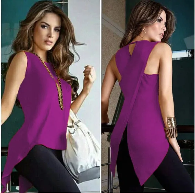 Summer Casual Ladies' Sleeveless O-neck Slim Chiffon Blouses