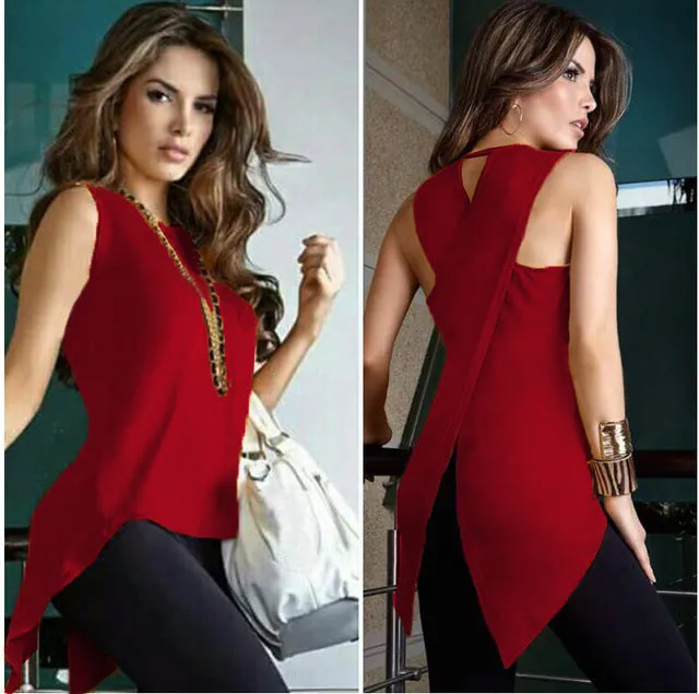 Summer Casual Ladies' Sleeveless O-neck Slim Chiffon Blouses