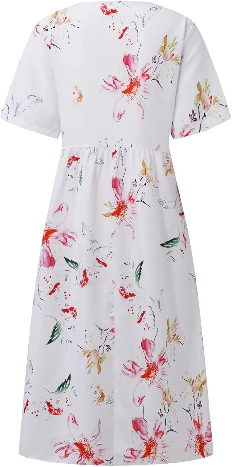 Summer Dresses for Women 2024 Womens Button Down Shirt Dress Short Puffy Sleeve Tiered Ruffle Flowy Long Maxi Dresses