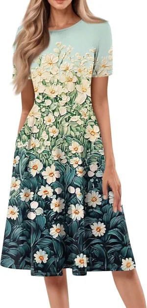 Summer Dresses for Women 2025 Beach Vacation Elegant Crewneck Short Sleeve Midi Sun Dress A Line Dress Side Pockets