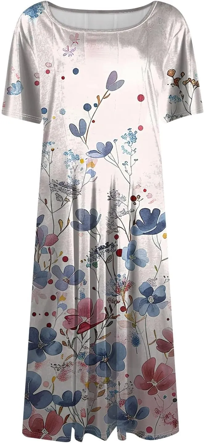 Summer Dresses for Women 2025 Crewneck Short Sleeve Empire Waist A Line Dress Side Pockets Midi Sun Dress Vacation