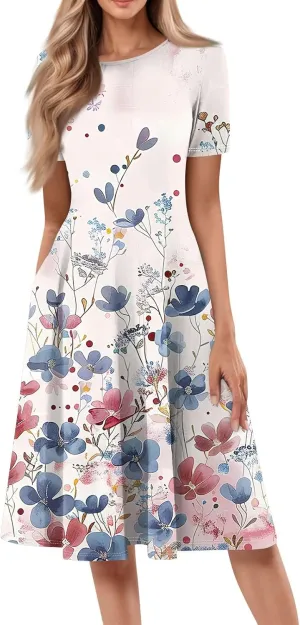 Summer Dresses for Women 2025 Crewneck Short Sleeve Empire Waist A Line Dress Side Pockets Midi Sun Dress Vacation