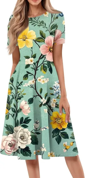 Summer Dresses for Women 2025 Crewneck Short Sleeve Empire Waist A Line Dress Side Pockets Midi Sun Dress Vacation