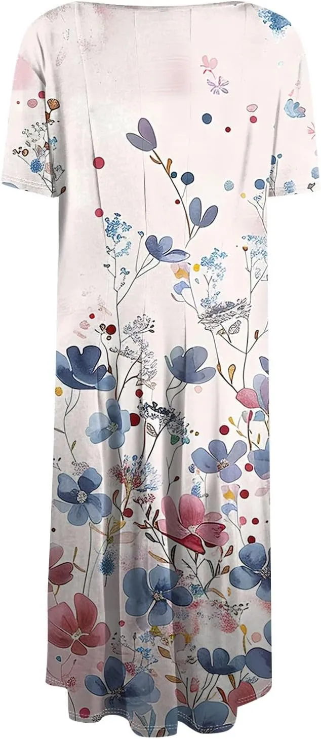 Summer Dresses for Women 2025 Crewneck Short Sleeve Empire Waist A Line Dress Side Pockets Midi Sun Dress Vacation
