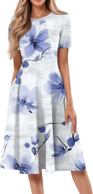 Summer Dresses for Women 2025 Crewneck Short Sleeve Empire Waist A Line Dress Side Pockets Midi Sun Dress Vacation