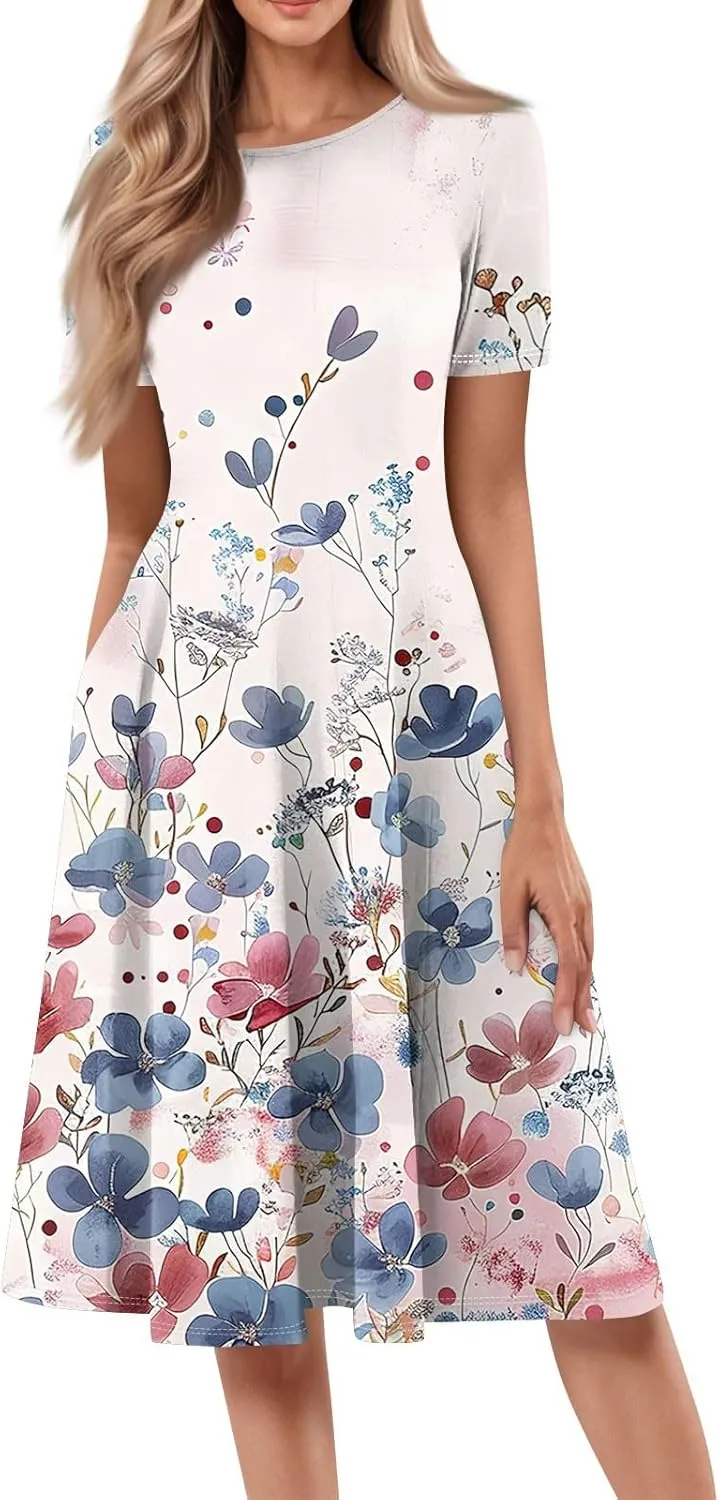 Summer Dresses for Women 2025 Crewneck Short Sleeve Empire Waist A Line Dress Side Pockets Midi Sun Dress Vacation