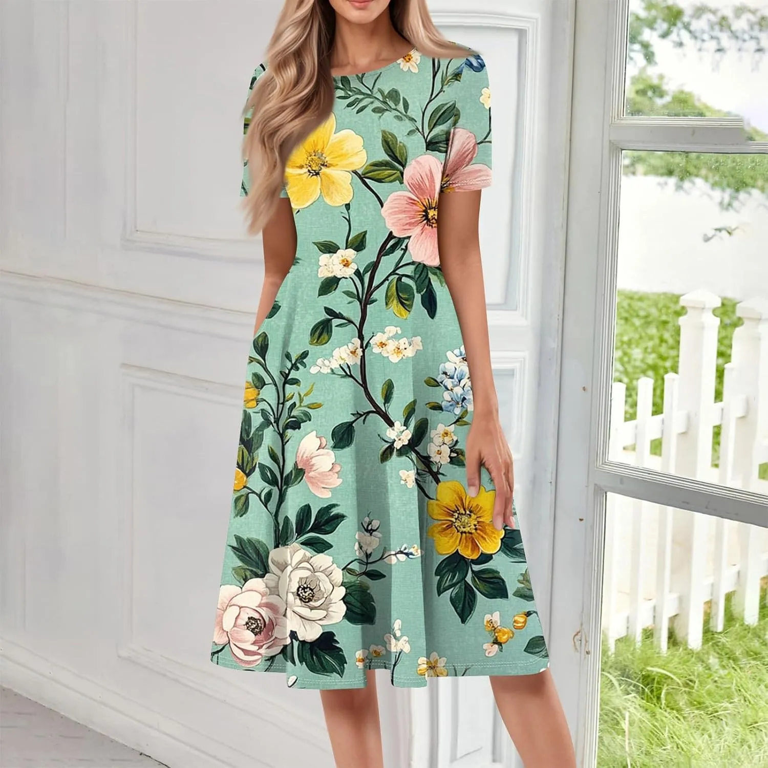 Summer Dresses for Women 2025 Crewneck Short Sleeve Empire Waist A Line Dress Side Pockets Midi Sun Dress Vacation
