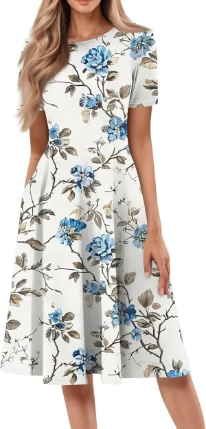Summer Dresses for Women 2025 Crewneck Short Sleeve Empire Waist A Line Dress Side Pockets Midi Sun Dress Vacation