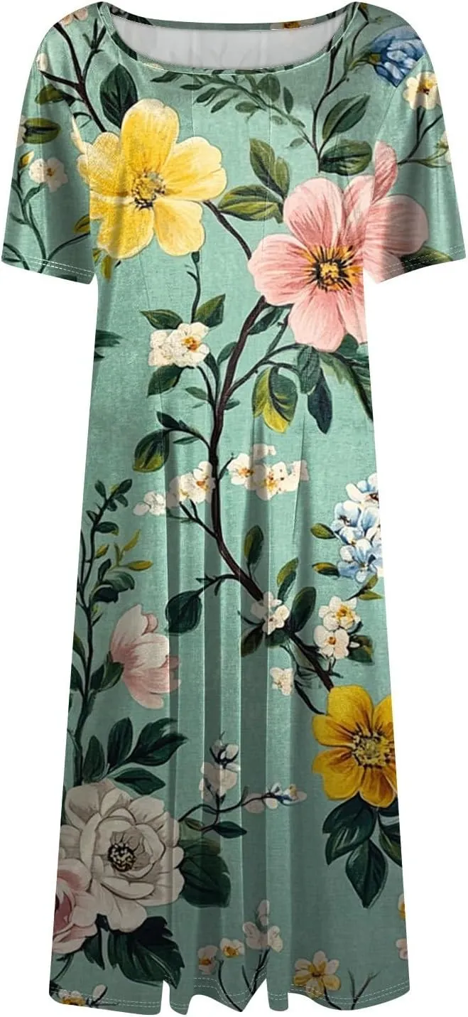 Summer Dresses for Women 2025 Crewneck Short Sleeve Empire Waist A Line Dress Side Pockets Midi Sun Dress Vacation