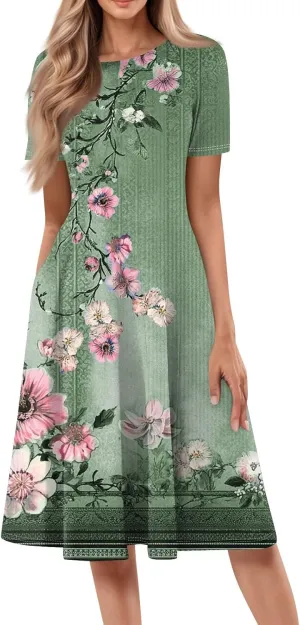 Summer Dresses for Women 2025 Empire Waist A Line Dress Side Pockets Crewneck Short Sleeve Midi Sun Dress Vacation