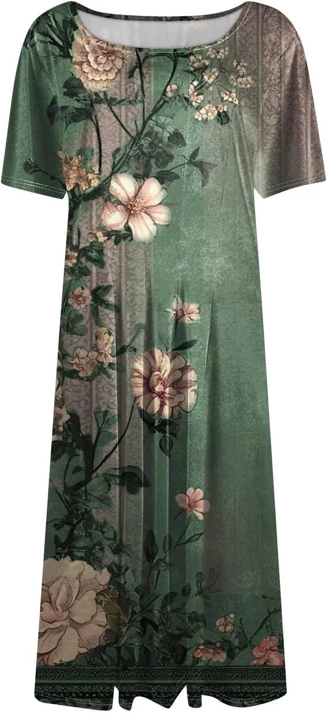 Summer Dresses for Women 2025 Empire Waist A Line Dress Side Pockets Crewneck Short Sleeve Midi Sun Dress Vacation