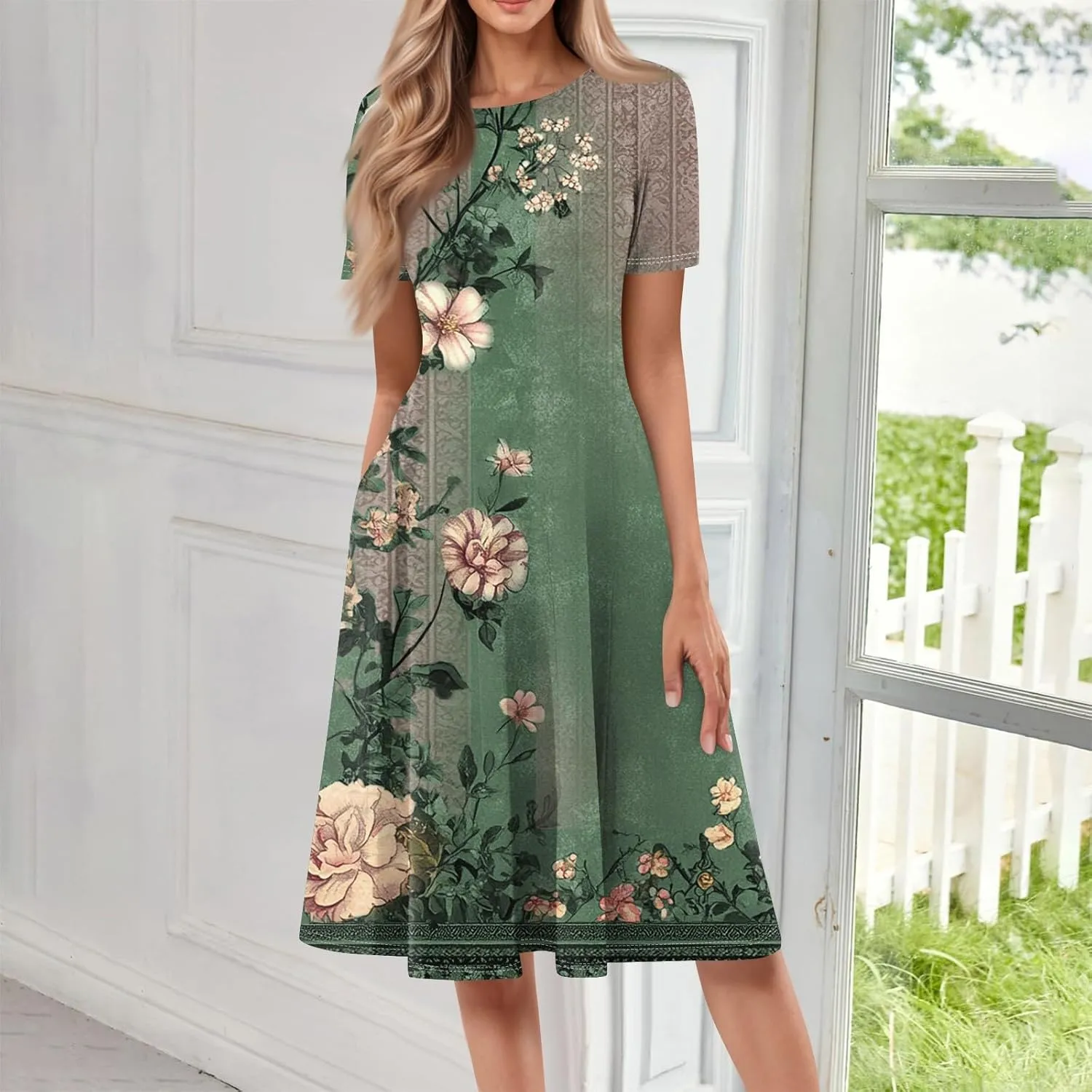 Summer Dresses for Women 2025 Empire Waist A Line Dress Side Pockets Crewneck Short Sleeve Midi Sun Dress Vacation